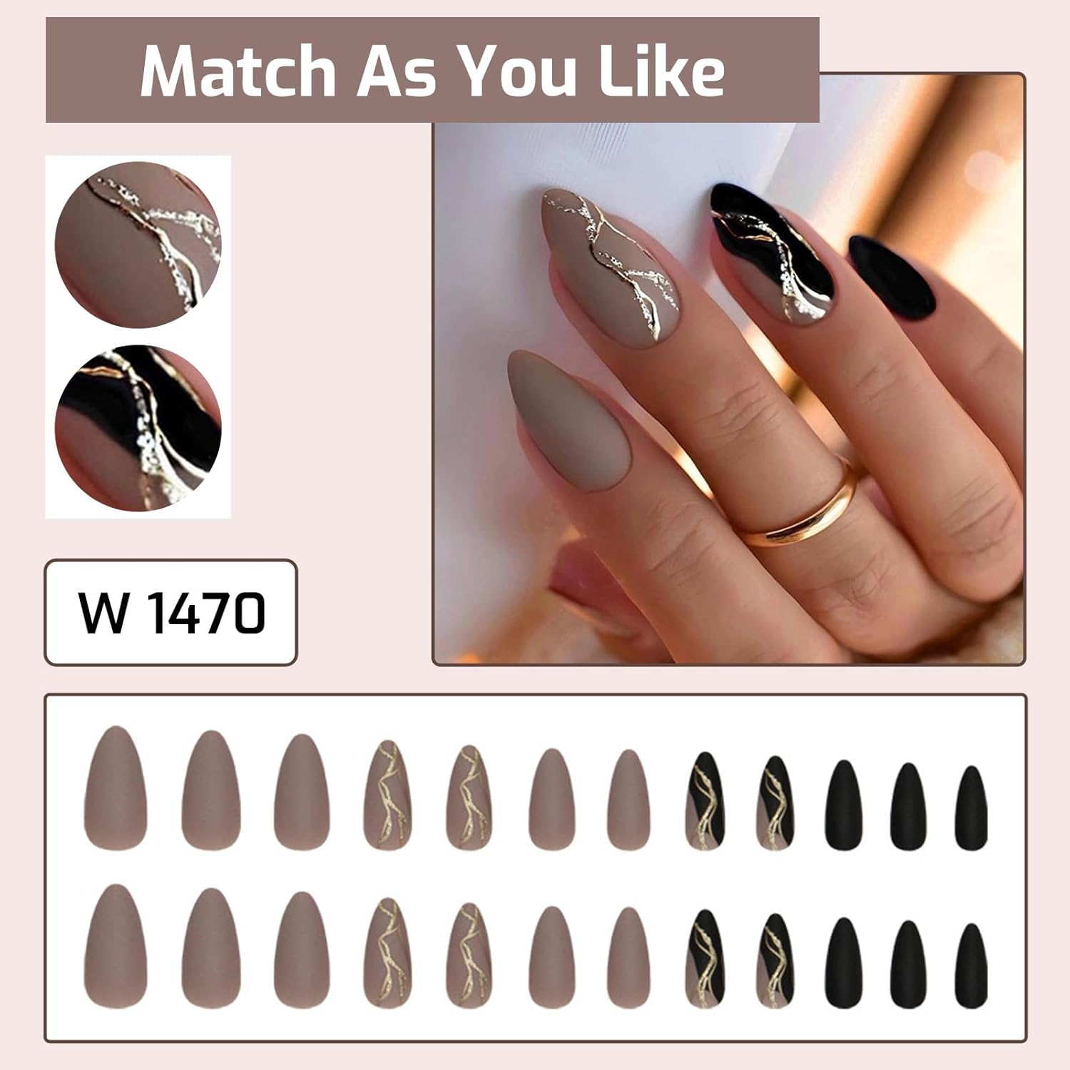Tzylomirx 24 Pcs Press on Almond Nails with Metal Line Design, Medium Length French Tip Elegant and Stylish Coffin False Nails, Glossy Full Cover Acrylic Nails Ideal for Women & Girls image number 4