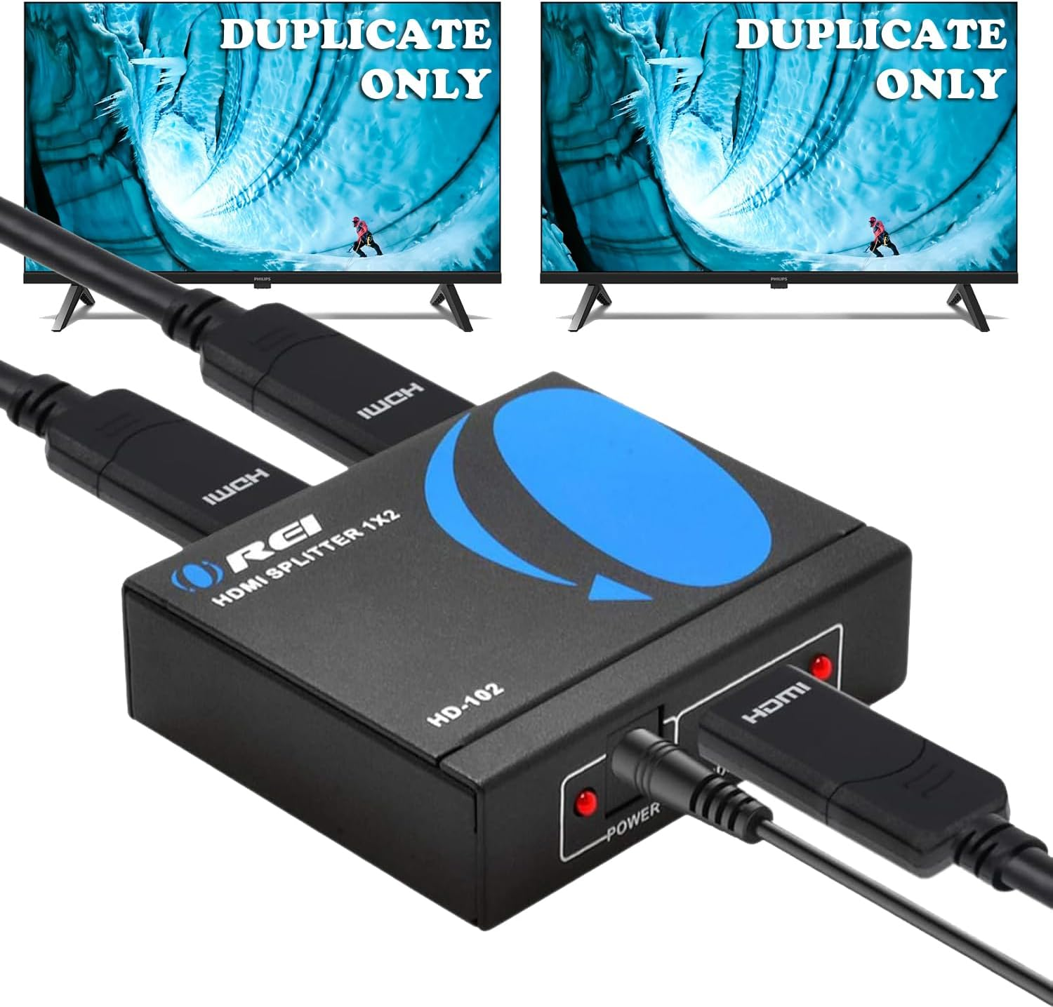 OREI HDMI Splitter 1 in 2 Out 4K - 1X2 HDMI Display/Mirror - Powered Splitter Full HD 1080P, 4K @ 30Hz (One Input to Two Outputs) - USB Cable Included - 1 Source to 2 Identical Displays image number 2