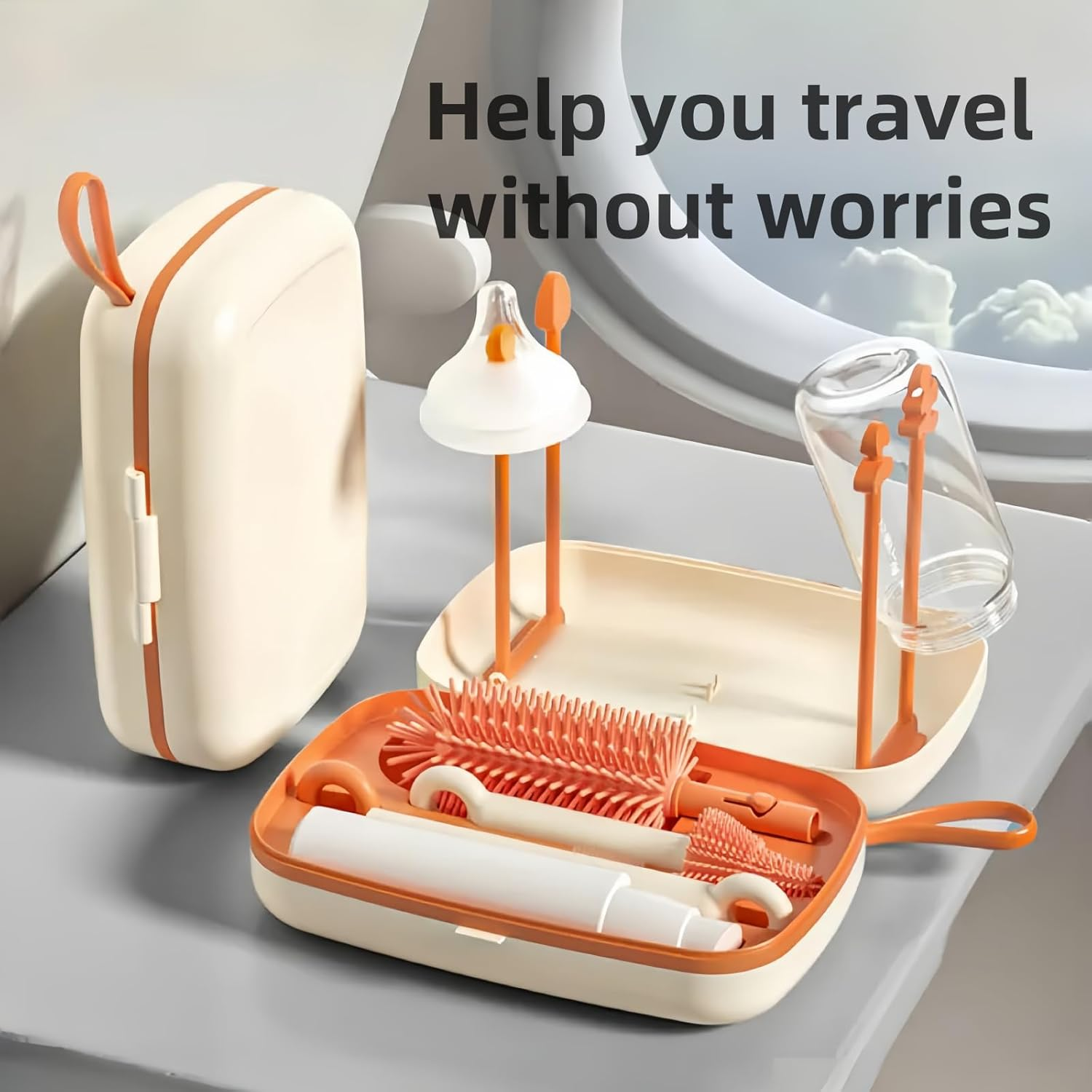 Travel Baby Bottle Brush Set with Portable Silicone Bottle Brush Nipple Cleaner Brush Straw Brush Soap Dispenser and Bottle Drying Rack (Green)