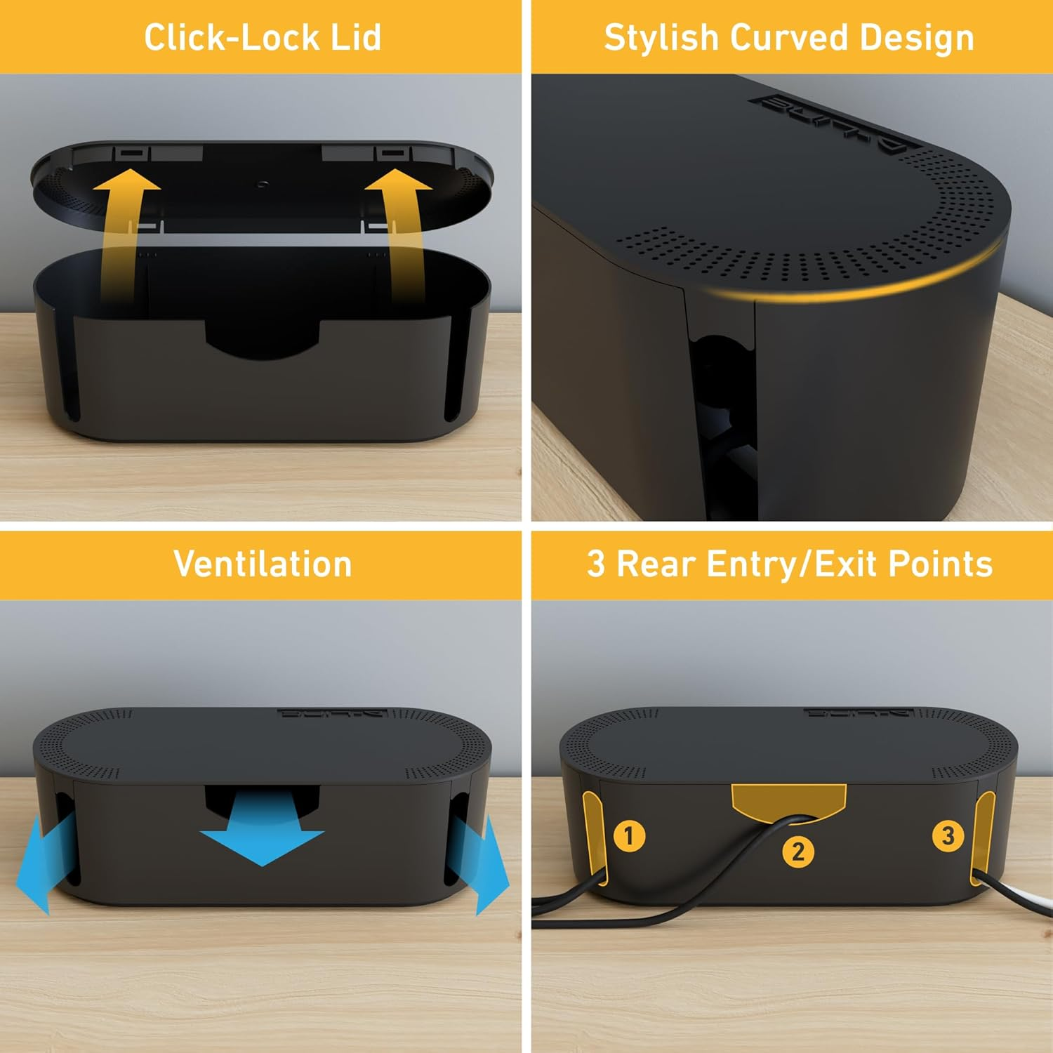 D-Line Cable Management Box | Hide and Conceal Power Strips and Electrical Cords from Tvs, Computers, Gaming Consoles and Pcs | Cord Organizer Made from Electrically Safe ABS Material | Small, Black