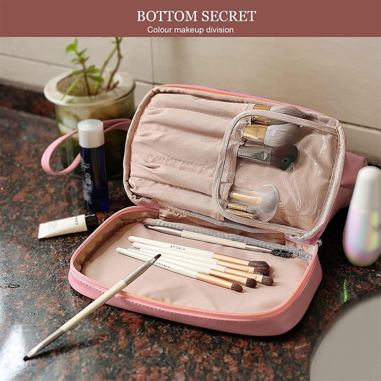 Travel Toiletry Bag for Women,Travel Makeup Bag Cosmetic Bags for Women, Travel Toiletry Organizer Double Layer Leather Cosmetic Travel Bag Toiletry Makeup Bags for Women Girls (Pink) image number 2