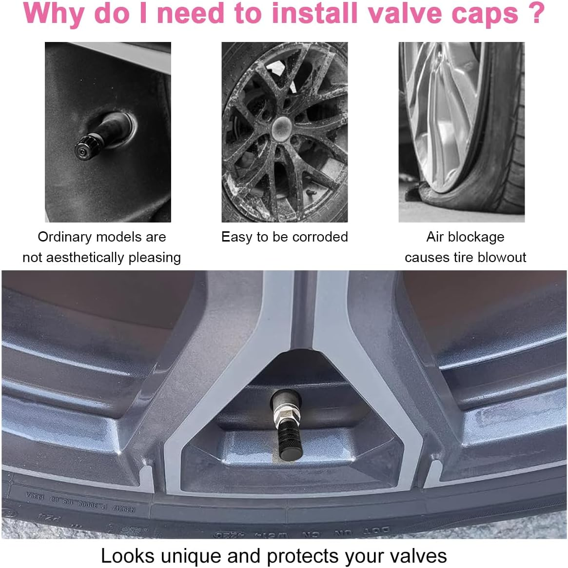 Ziciner 10 PCS Car Tire Valve Stem Caps, Aluminum Tire Air Cap Set, Dust Proof & Corrosion Resistant Stem Covers, Universal Car Accessories for SUV Bike Bicycle Truck Motorcycle (Black) - Black image number 5