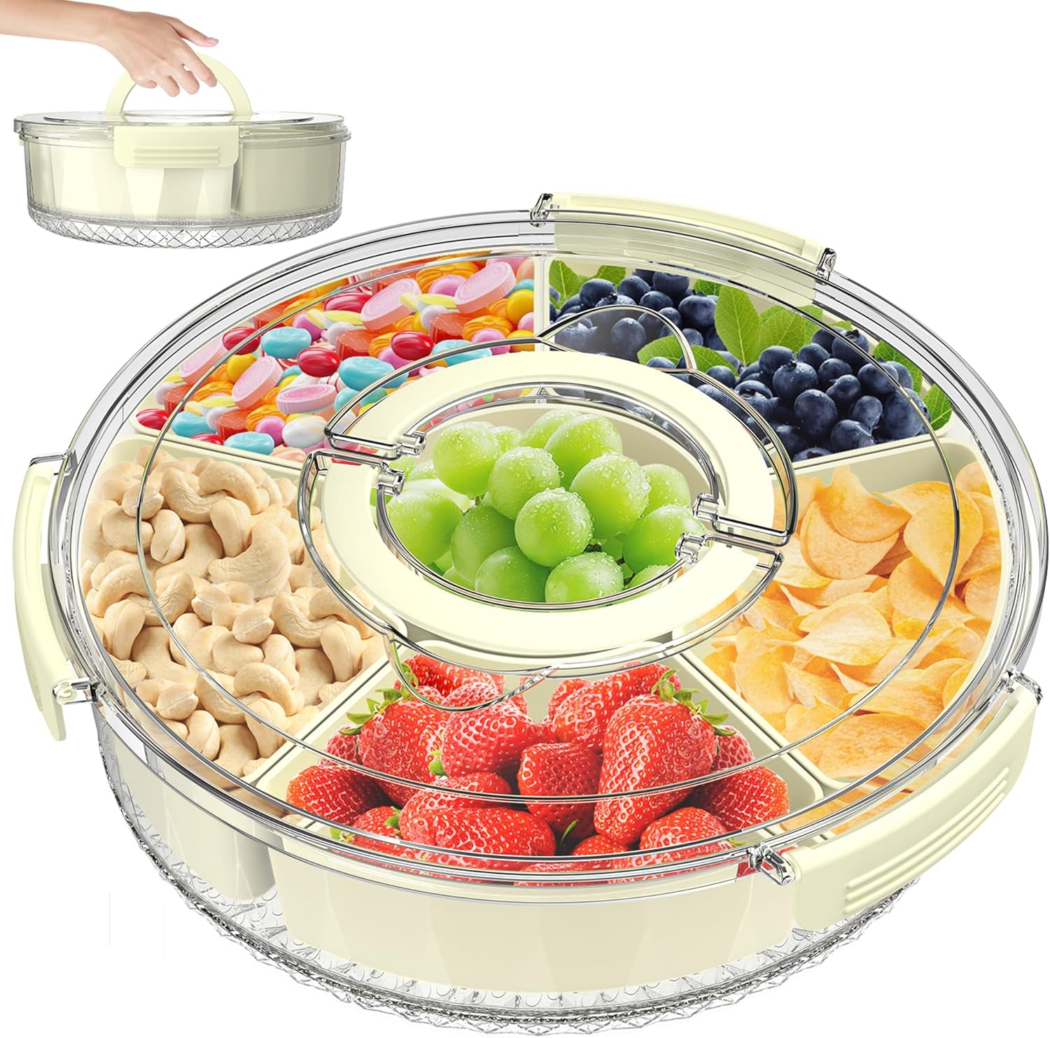 Giecy Snack Box with Airtight Lid & Handle - Divided Serving Tray Rotatable Snack Container for Home Kitchen Outdoor Travel Foods, Fruits, Candies, Nuts, Spices - 6 Compartments image number 6