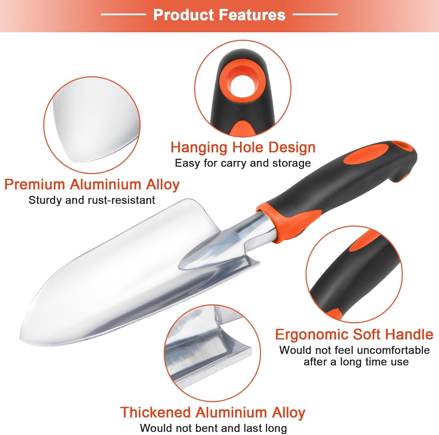Garden Shovel Garden Hand Trowel, Heavy Duty Hand Shovel with Ergonomic Handle, Small Gardening Tools for Digging, Rust Resistant Gardening Spade Trowel Tools, Orange image number 5