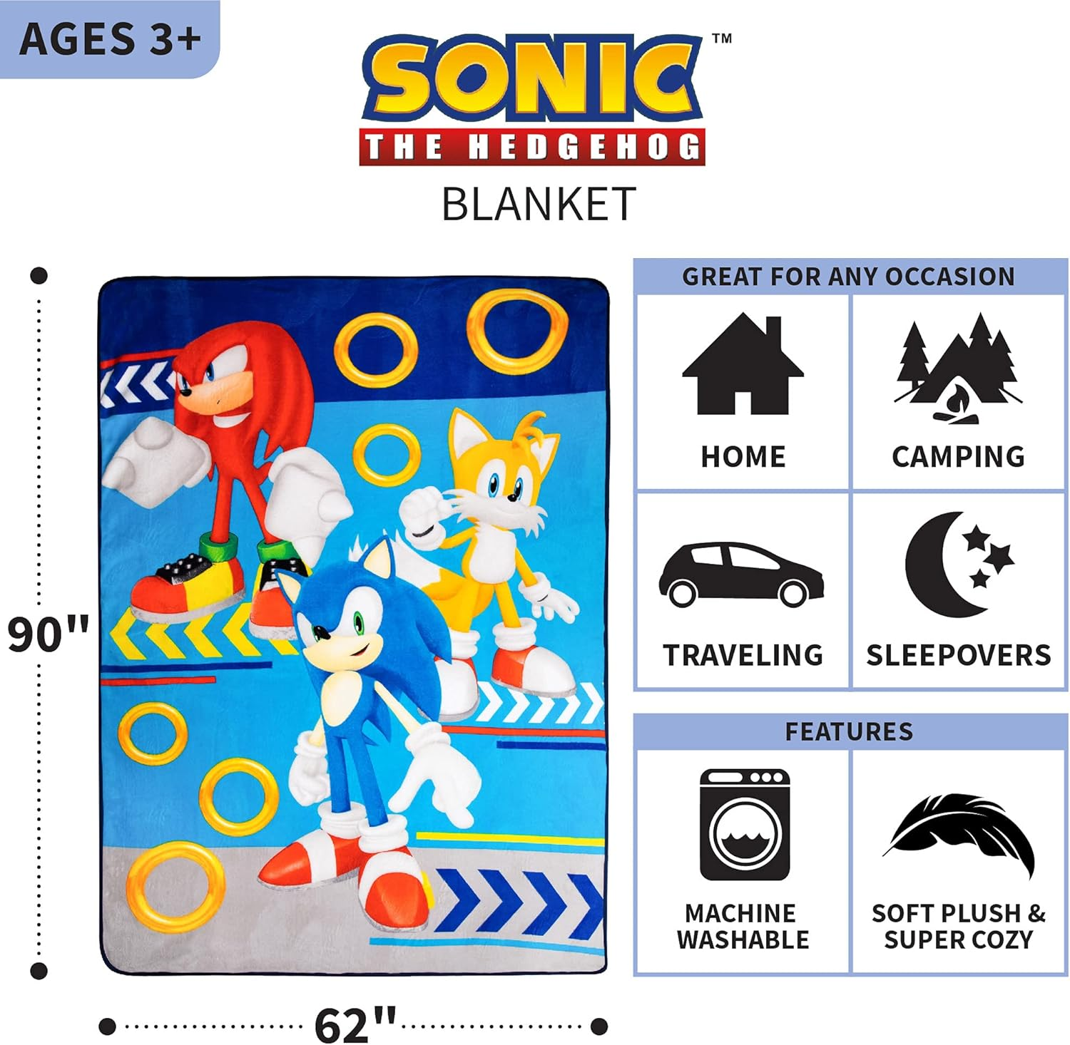 Franco Kids Bedding Super Soft Plush Micro Raschel Blanket, 62 in X 90 In, Sonic the Hedgehog - Blues Clues image number 2