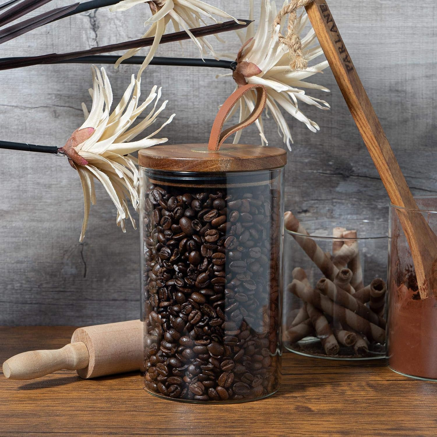 Argon Tableware Scandi Storage Jars with Leather Loop Lids - 1000Ml - 6 Pack - Modern round Organisation Container Glass Jar for Kitchens, Pantry, Bathrooms, Utility Rooms image number 3