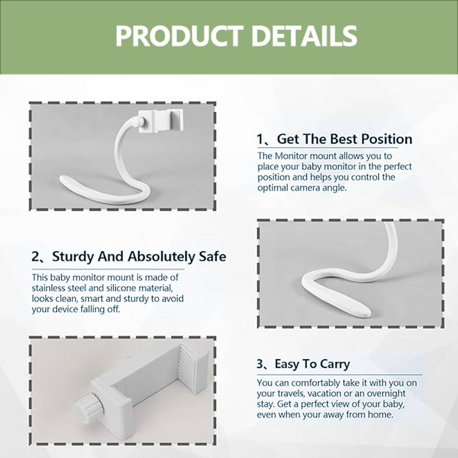 Roczential Baby Monitor Stand, 1 Pcs Baby Monitor Holder, Infant Monitor Mount Camera Shelf Compatible Withmost Other Monitors, Attaches to Crib Cot Shelves or Furniture (White) image number 2