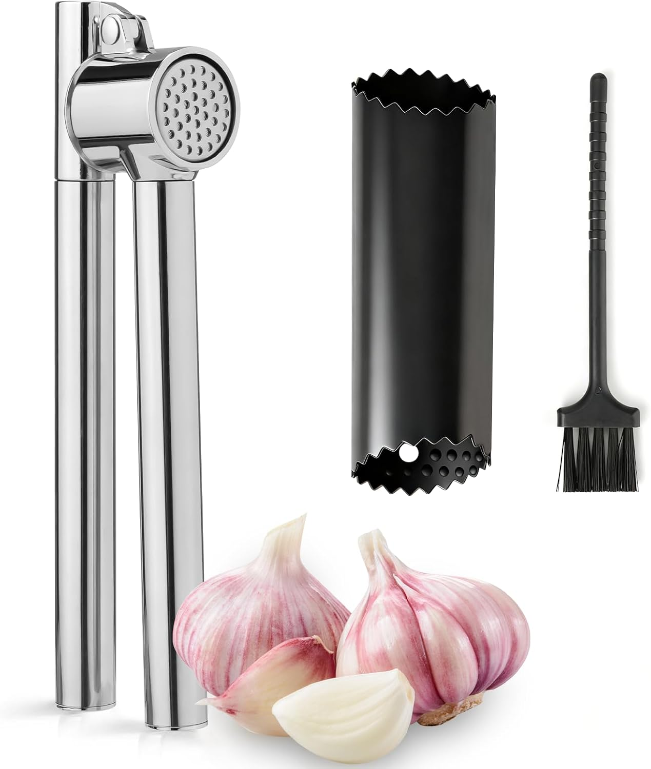 VINATO Stainless Steel Garlic Press with Peeler and Cleaning Brush, Kitchen Aid for Garlic Pressing and Peeling, Dishwasher Safe image number 1