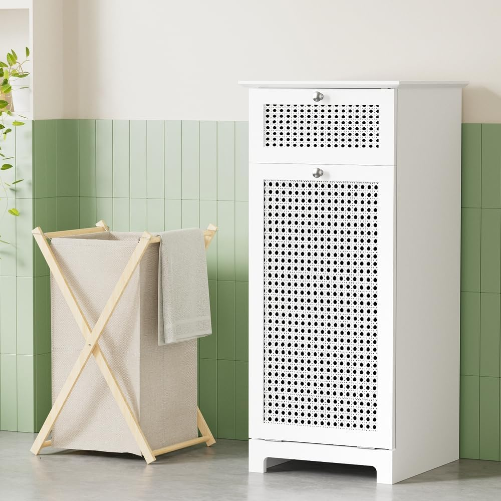 Artiss Laundry Hamper Cabinet, Bathroom Storage 90Cm Height Cupboard Side Table Toilet Corner Shelf Storages Cabinets Unit Home Furniture Organiser Accessories, with Drawer and Clothes Basket White