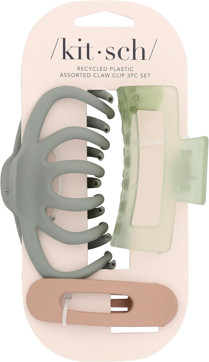 Kitsch Assorted Hair Claw Clips for Women, Recycled Plastic Large Claw Clips & Medium Rectangle Claw Clips & Small Open, Shaped Flat Lay Hair Clip, Matte Claw Clip - 3 Pcs Black & Tortoise