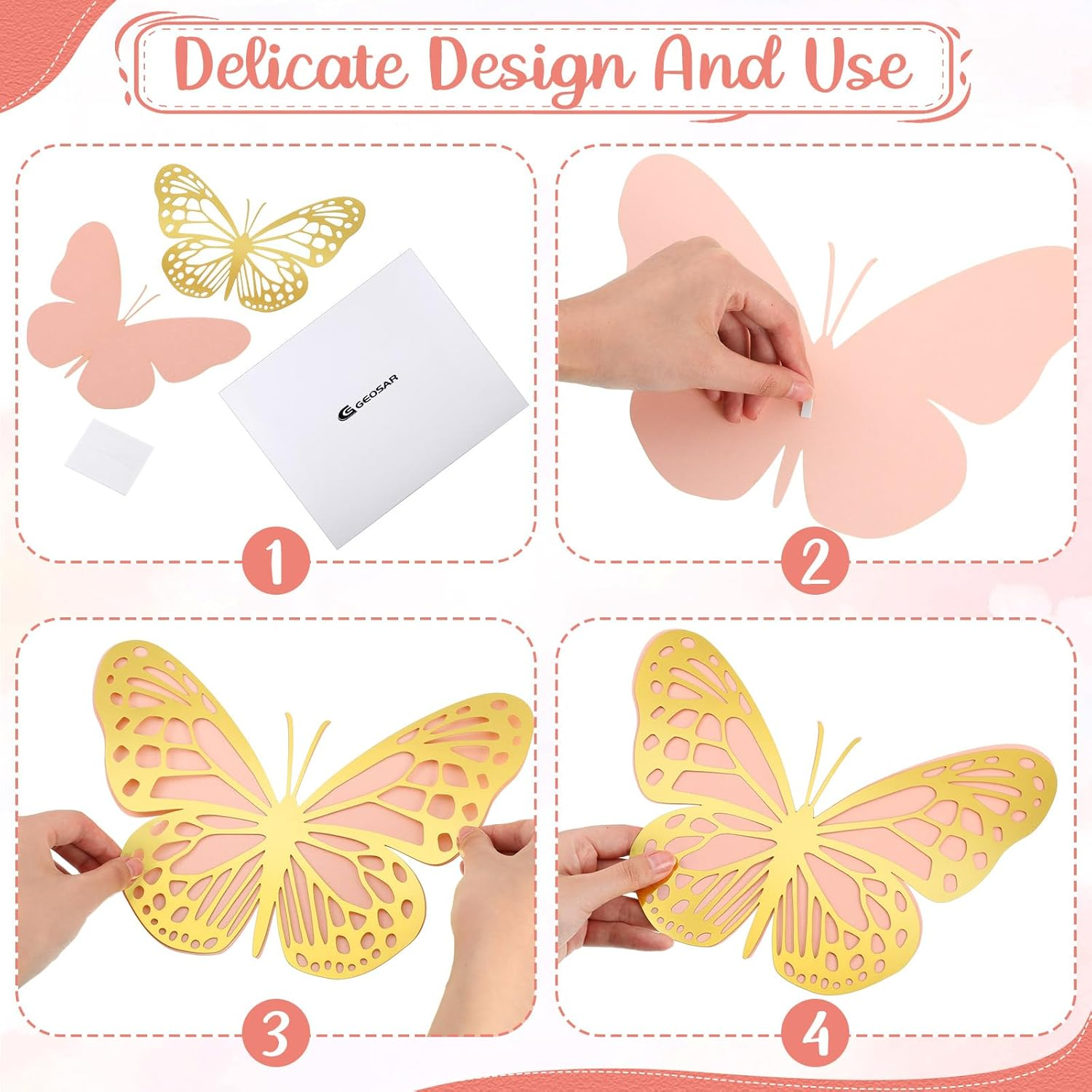 Geosar 20 Pcs 3D Large Butterfly Party Decoration 2 Layer Giant Paper Butterfly Stickers Big Butterfly Wall Decoration Set Large Butterfly for Birthday Baby Shower Nursery (Gold,Pink) - 20, Black image number 6