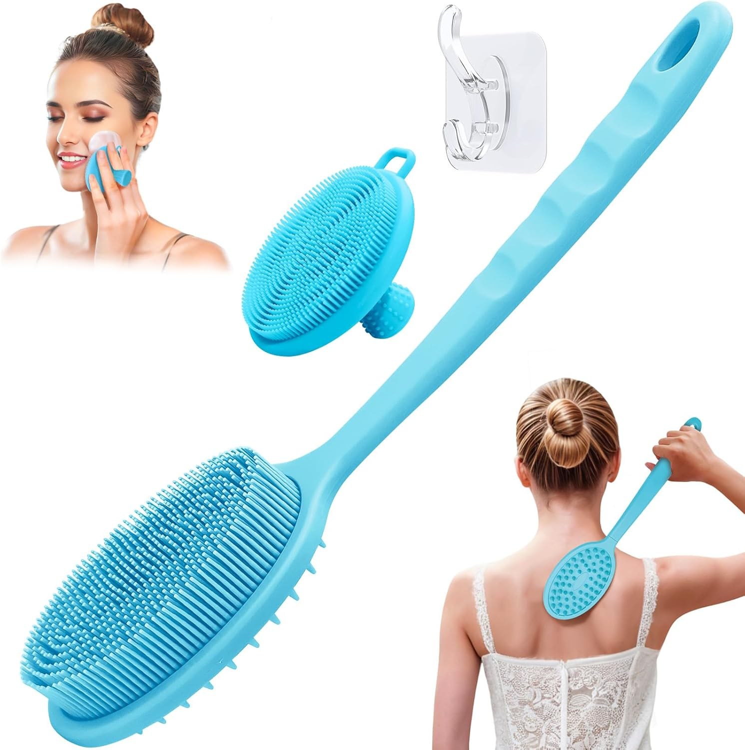 GEENOA Soft Silicone Body Scrubber 2PCS, Dual-Side Silicone Loofah for Shower, Gentle Loofa Alternative, Replaceable Brush Head to Be Used Alone or with Long Handle (Pinkx2)