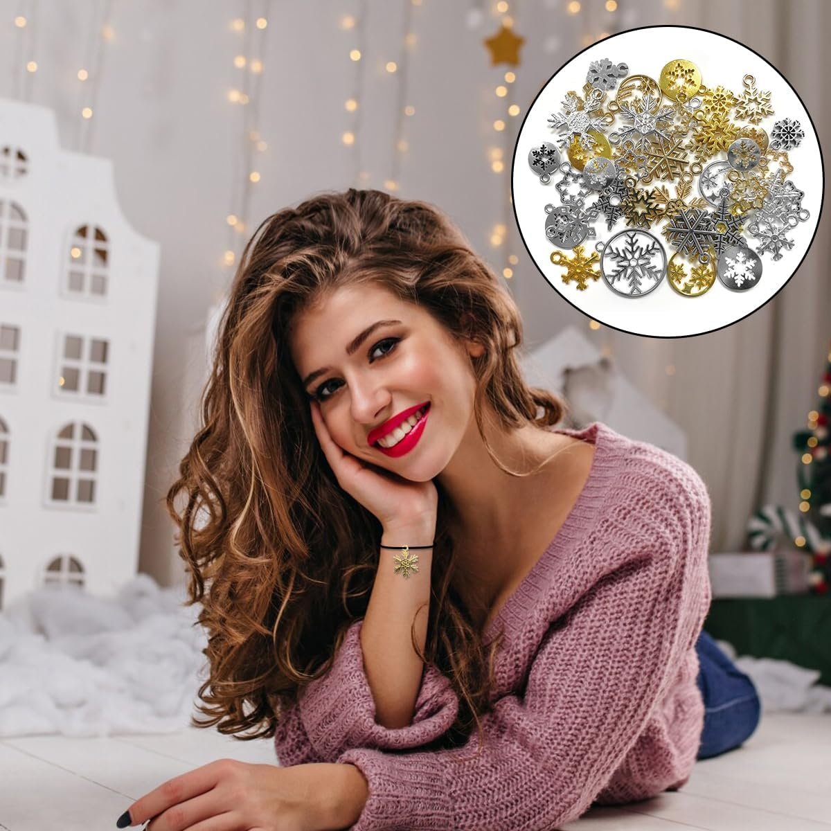 BEZANU Snowflake Charms Bulk, 40 PCS Mixed Color Christmas Metal Snowflake Pendant for Jewelry Making, Bracelets, Art Craft image number 4