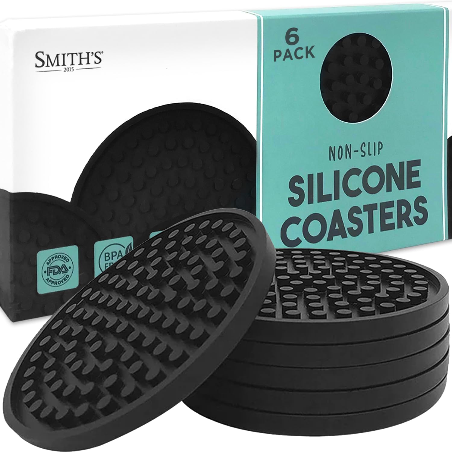 Smith&rsquo;S&reg; Black Matte round Silicone Rubber Drink Coasters (Set of 6) | 9.4Cm Diameter | Non-Slip | Water Catching Technology | Perfect for Homes & Bars!