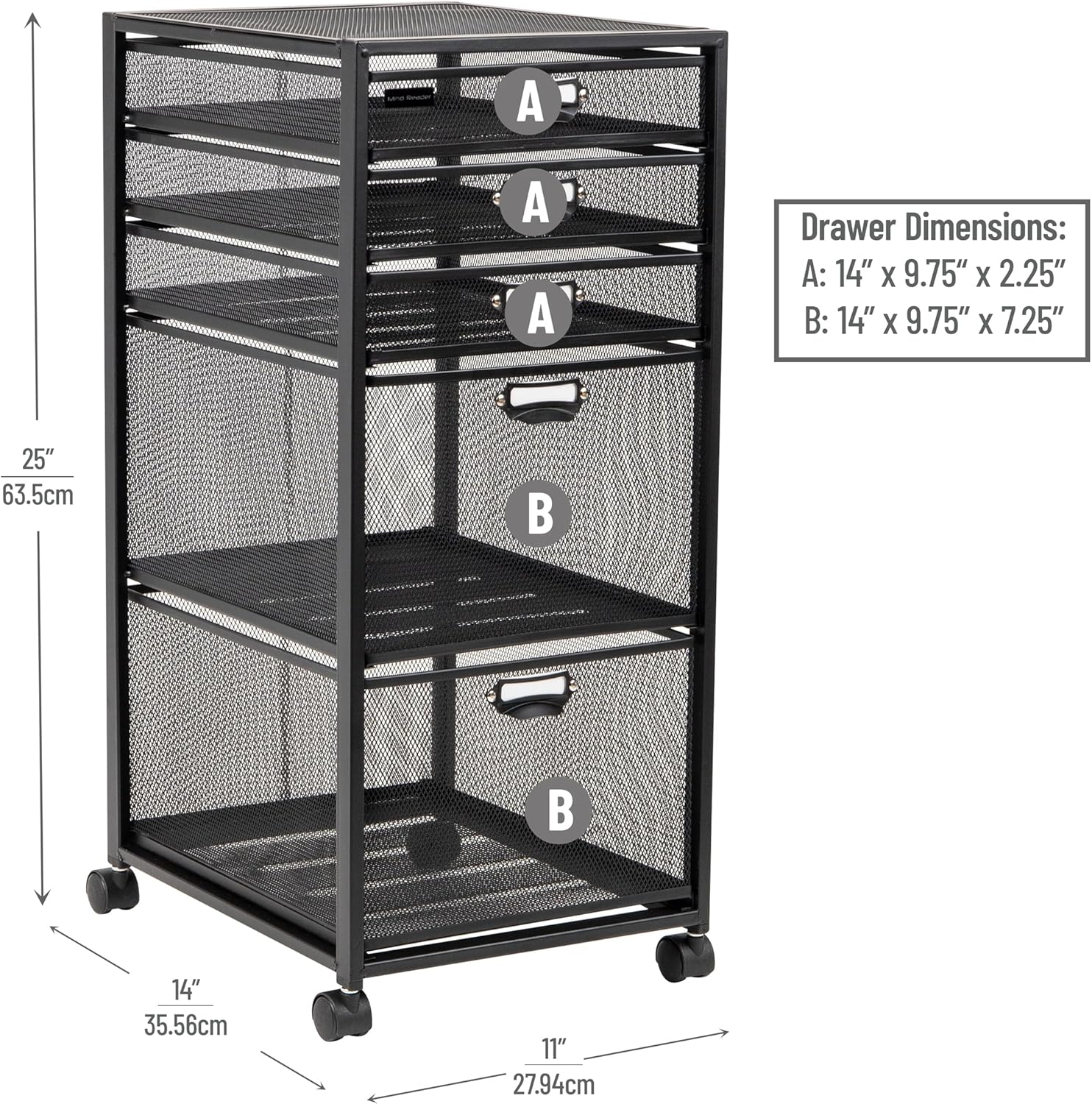 Mind Reader Cart with Drawers, Office Organizer, Utility Cart, Bathroom, Kitchen, Metal Mesh, 11" L X 14" W X 25" H, Black image number 5