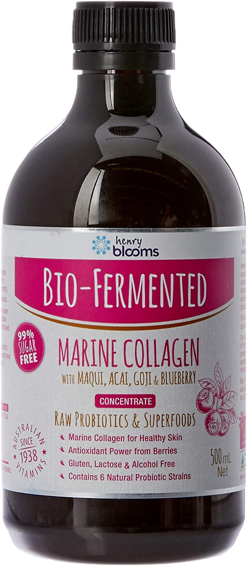 Henry Blooms Bio-Fermented Probiotic Marine Collagen with Maqui, Acai,Goji and Blueberry Concentrate, 500Ml