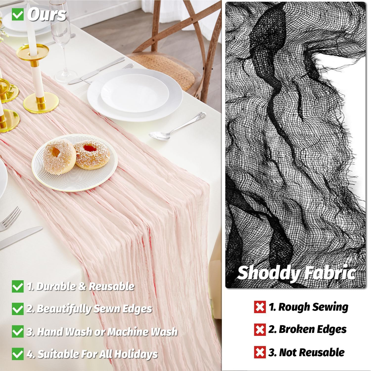 Nialnant Light Pink Cheesecloth Table Runner - 10 Ft Boho Wedding Gauze Runner, 120 Inches Long for Bridal Baby Shower Decor