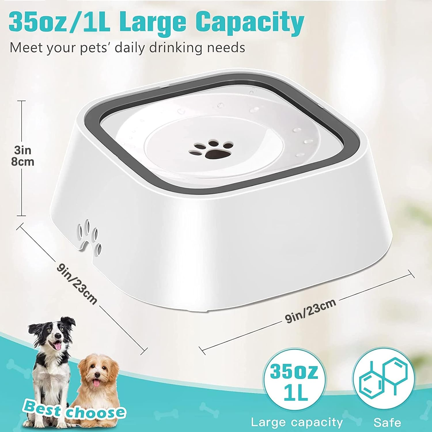 Dog Water Bowl No Spill, PRENDIEEN 1L/35Oz Large Capacity Dog Water Bowl Dispenser Non Slip No Splash Dog Water Bowl Pet Slow Feeder No Drip Dog Water Bowl Slow Water Bowl (White) - Grey image number 5