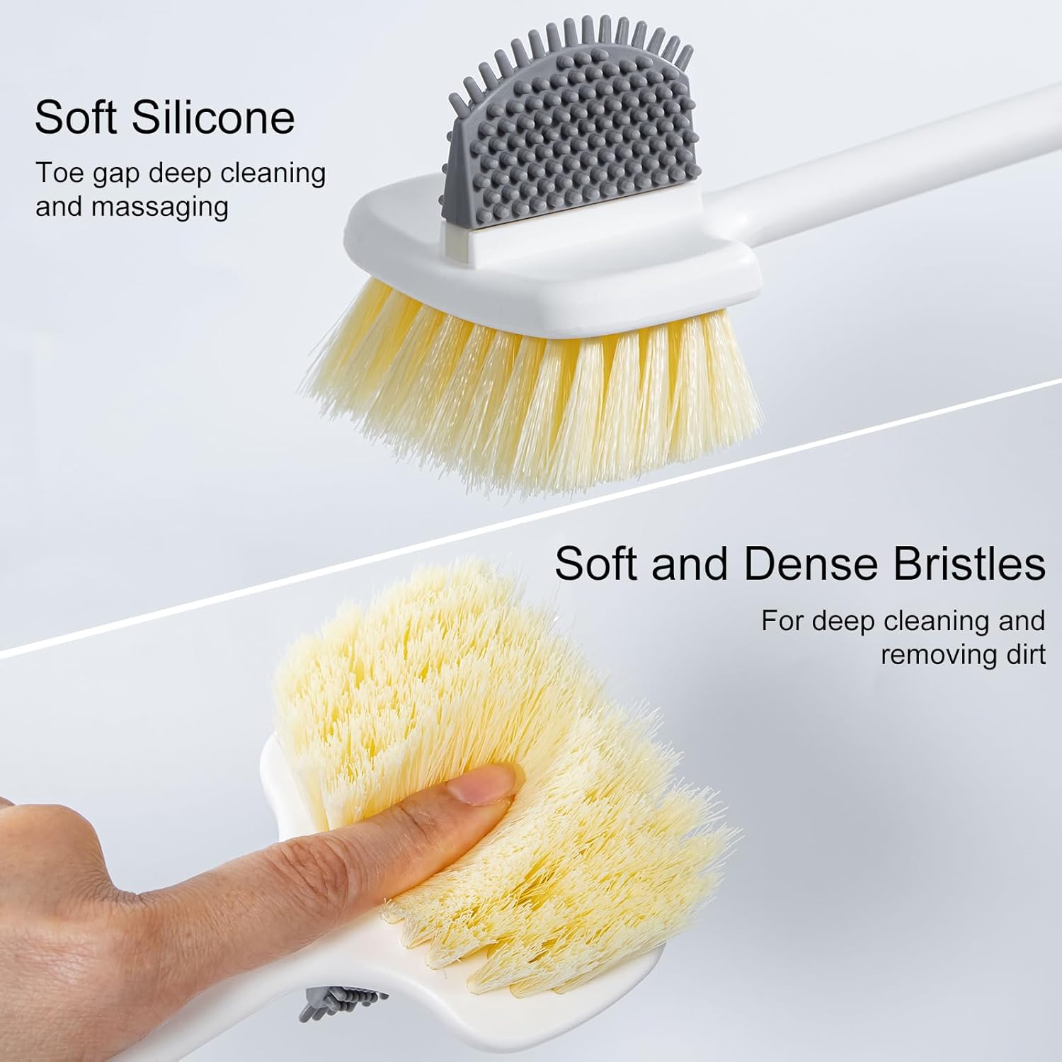 Beomeen 2 Pack Foot Scrubber Brush, Shower Foot Scrubber Long Handle for Toe Gap Cleaning, Double-Sided Silicone and Soft Bristle Scrub Brush for Skin Exfoliation, Seniors, Adults, Grey - Grey 2 image number 4