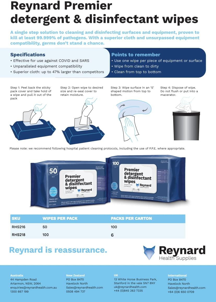 Reynard Health Supplies Premier Detergent & Disinfectant Wipes, Kill Sars-Cov-1&2 in 30 Secs, 33 X 22 Cm, 50 Count (RHS216) image number 6