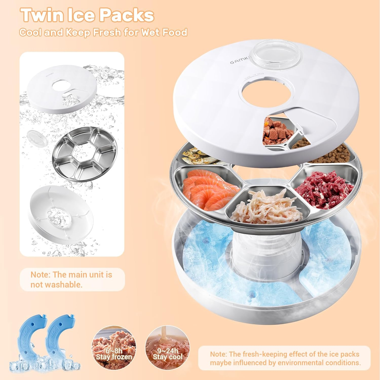 GAMKII Automatic Cat Wet Food Feeder 6 Meals, Battery Power Auto Pet Wet Food Dispenser with Timer, Memory Function for Cats Small Dogs-First Meal with Cover (Stainless Steel Food Tray) image number 1