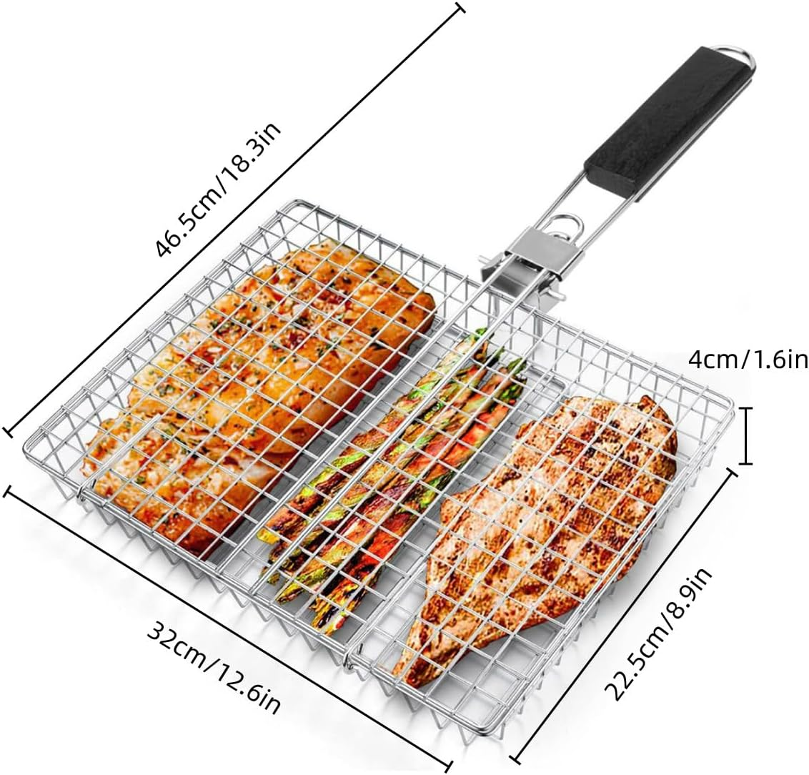 AIMALL Folding Handle Barbecue Grill Clip and Basket - Multi-Functional Stainless Steel Tool for Grilling Fish, Chicken, Corn, and More