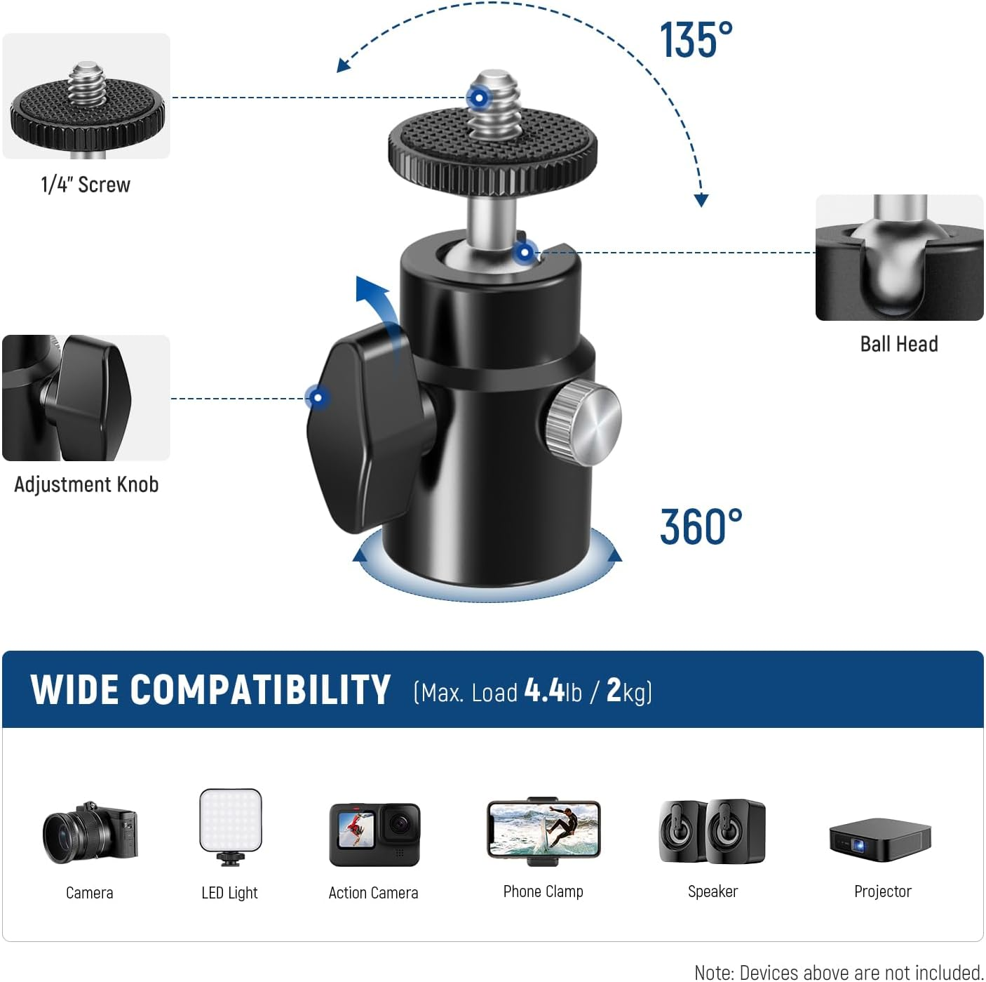 NEEWER 2 Pack E Type Wall Ceiling Mount, Ring Light Wall Mount Bracket with Detachable Ball Head, 5/8" Stud, 1/4" Screw for Flash Strobe Camera Monitor Studio Lighting, Max Load: 4.4Lb/2Kg, TS007 image number 1