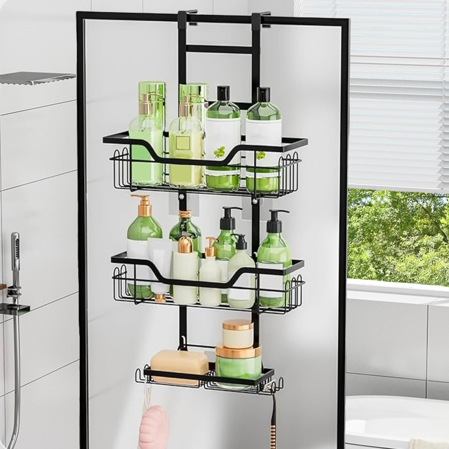 3 Tier over the Door Shower Caddy Hanging Shower Shelf with Soap Holder, Bathroom Hanging Shower Caddy over the Door Hanging Shower Basket with 4 Hooks, Toiletries Organizer for Bathroom Storage image number 6