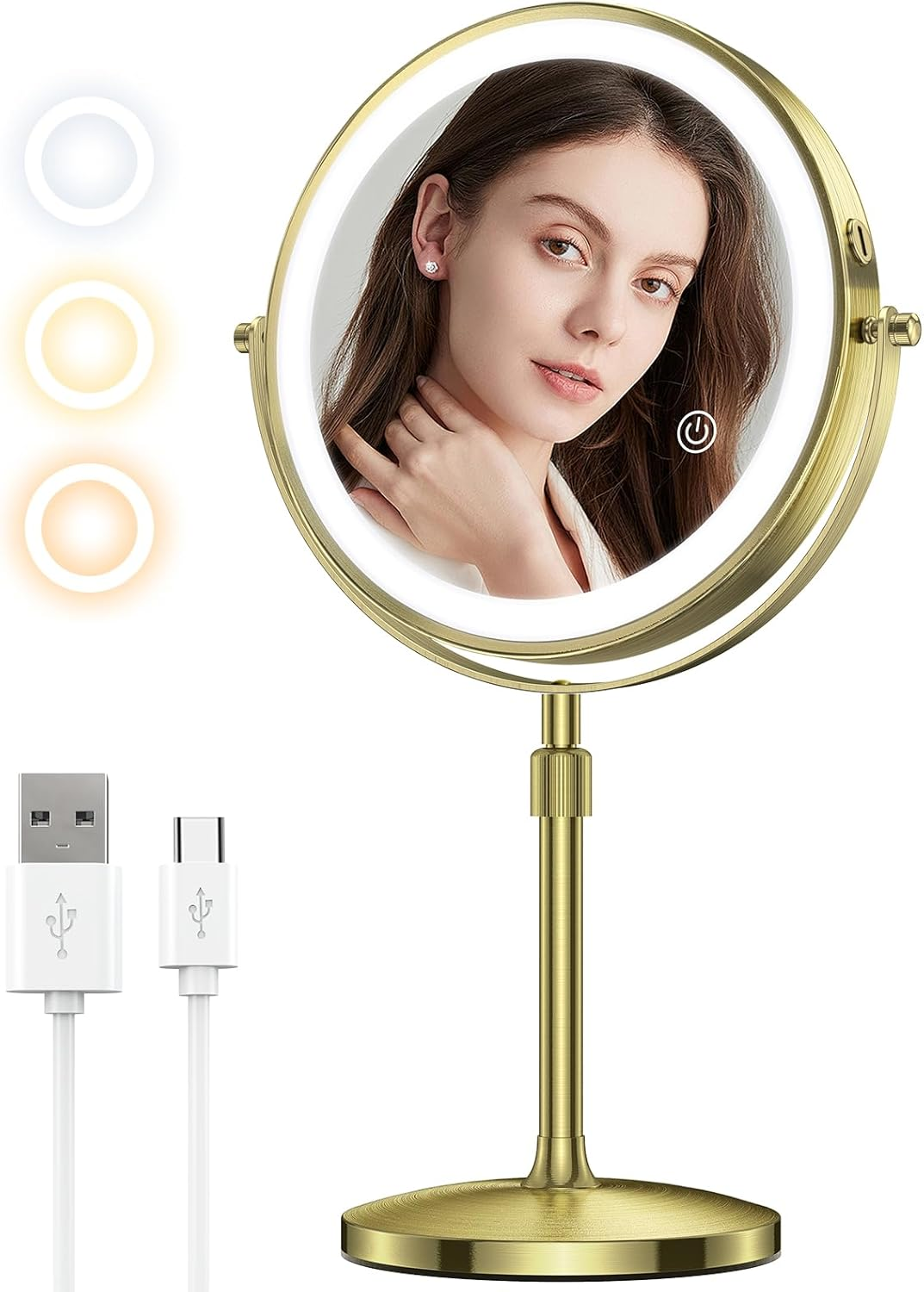 MILPROX 8 Inch Makeup Mirror with 10X Magnification & 3 Color Lights, Adjustable Brightness & Height, Rechargeable Double Sided 1X 10X Magnifying Mirror, Lighted Makeup Mirror Touch Sensor - Gold