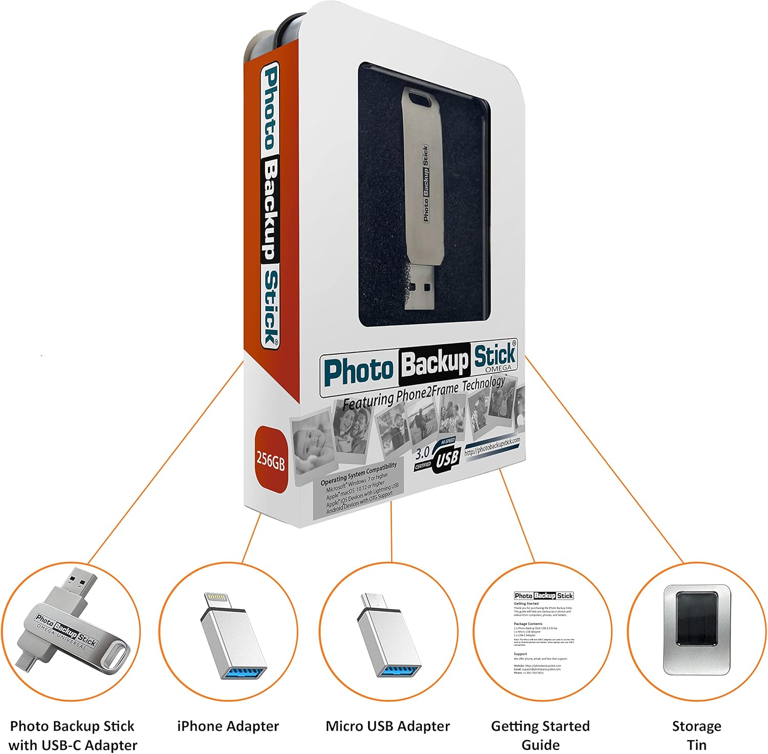 Photo Backup Stick Omega Universal Picture and Video Backup for Any Device - Iphone, Android, Computer, Tablets (256GB) image number 5