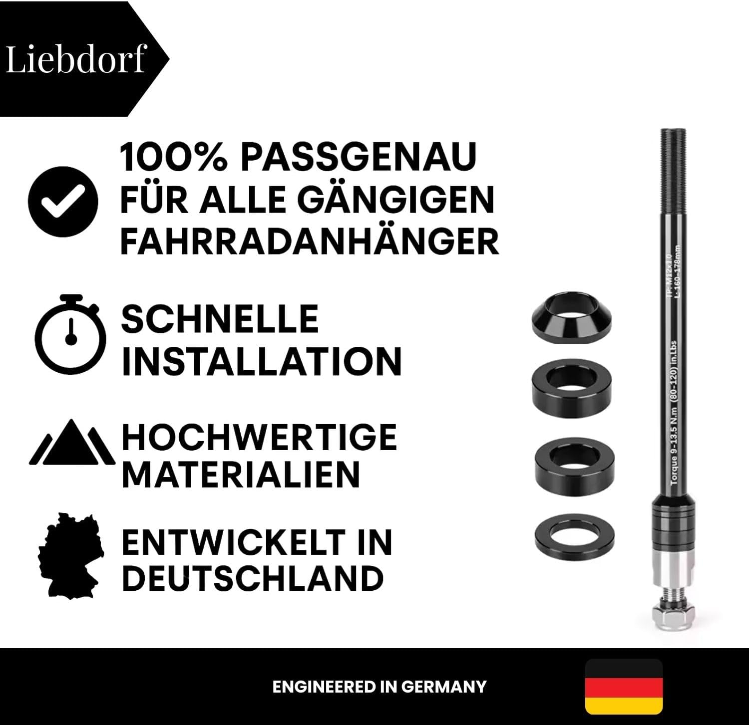 Liebdorf&reg; Thru Axle Bicycle Trailer - M12 Adapter for All Lengths - Bicycle Trailer Coupling - Bicycle Thru Axle Adapter (M12 X 1.0)