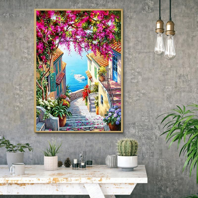 Paint by Number for Adults. Lakeside Town Paint by Numbers for Adults Beginner Drawing Paintwork with 3 Paintbrushes Paint Canvas Oil Painting 16&rdquo; X 20&rdquo; image number 1