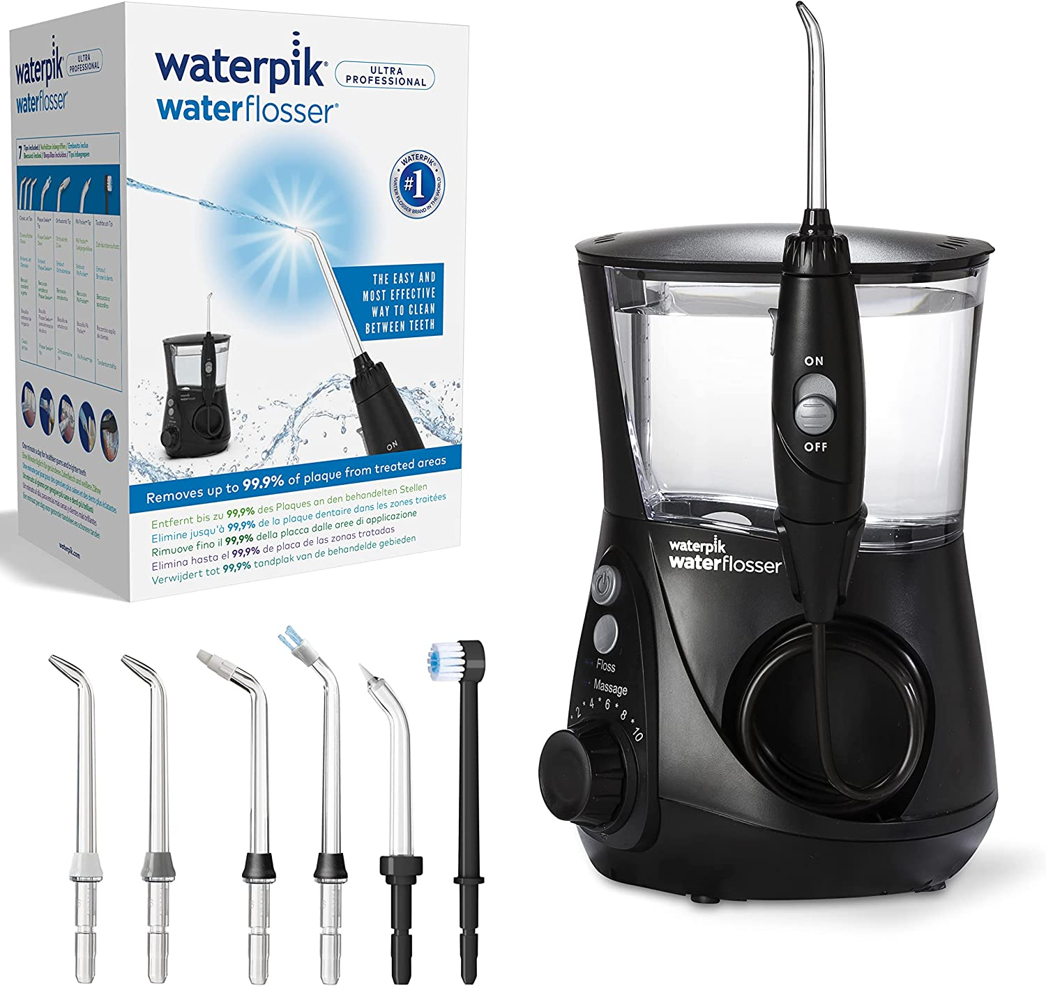 Waterpik Ultra Professional Waterflosser Fixed Oral Irrigator with 7 Attachments, Pressure Range from 0.7-7 Bar Adjustable via 10 Pressure Settings, Integrated Timer, White (WP-660EU)