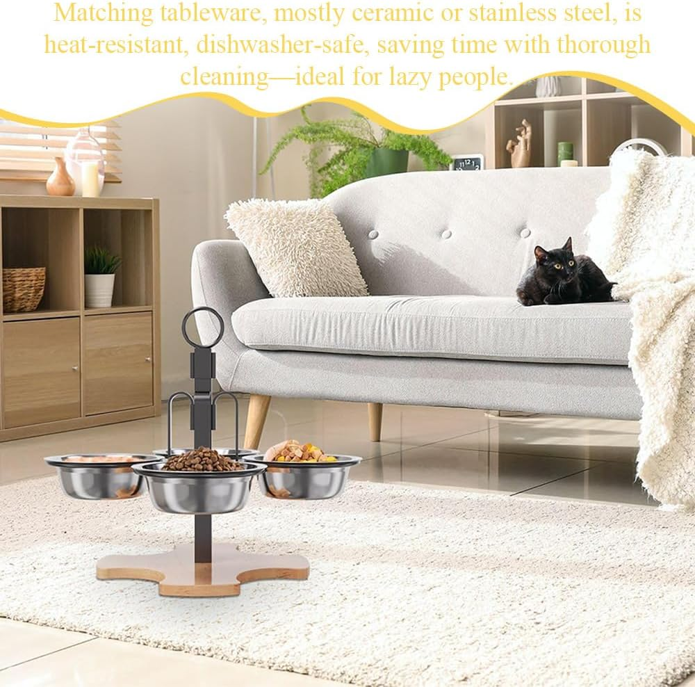 Elevated Cat Bowls,Raised Pets Food Bowls,Adjustable Pet Bowls, with Stand,Bamboo Base and 4 Stainless Steel Bowls,For Indoor Cats, Puppy Small Dogs Food and Water image number 1