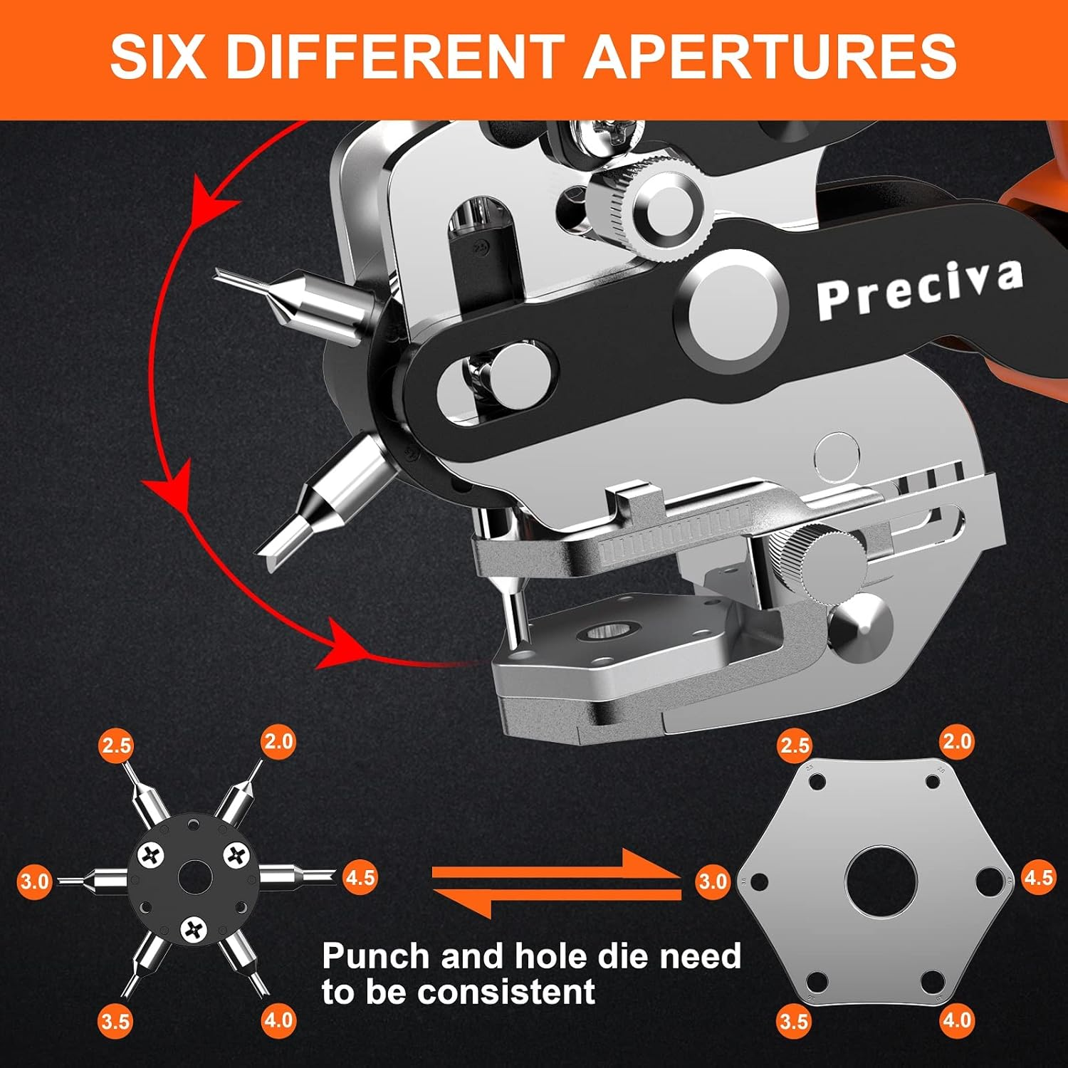 Hole Punch Plier, Preciva Punch Hole Revolving Tool with V-Shaped Cutting, 6 Hole Sizes Used for Leather, Belts, Thin Iron Sheets, Paper Cards, Plastics, Fabrics, Bags, Watch Straps image number 4