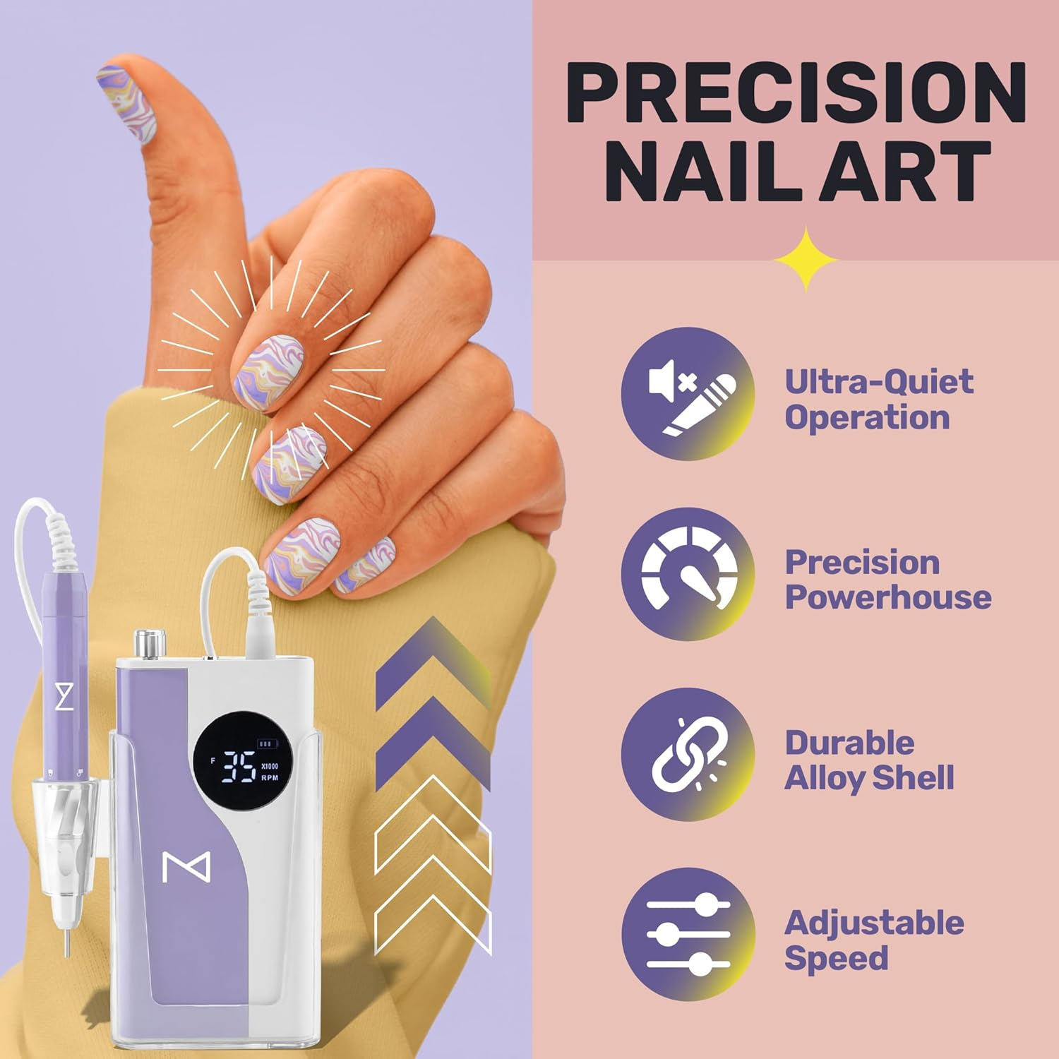 M &ndash; Ying Yang Brushless Nail Drill 35K RPM | Pro Cordless Efile 85W | Rechargeable USB-C Fast Charging | Portable Aluminum Alloy Shell | Quiet Low Vibration Tool for Acrylic Gel Nails (White) image number 6