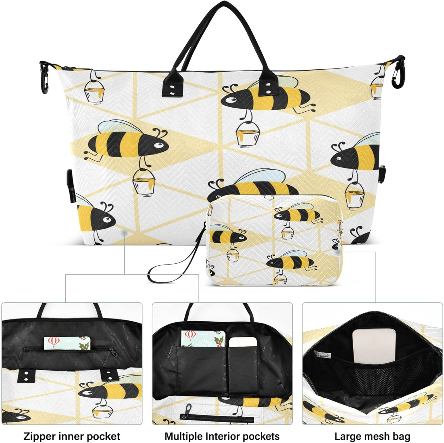 Travel Hand Bag Gym Sports Duffel Bags Travel Weekender Gear Bag with Toiletry Bag for Trip Multifunctional Funny Bees Curved Honey, Multi, 1 Size, Modern/Fitted, Multi, 1 Size, Modern/Fitted image number 3