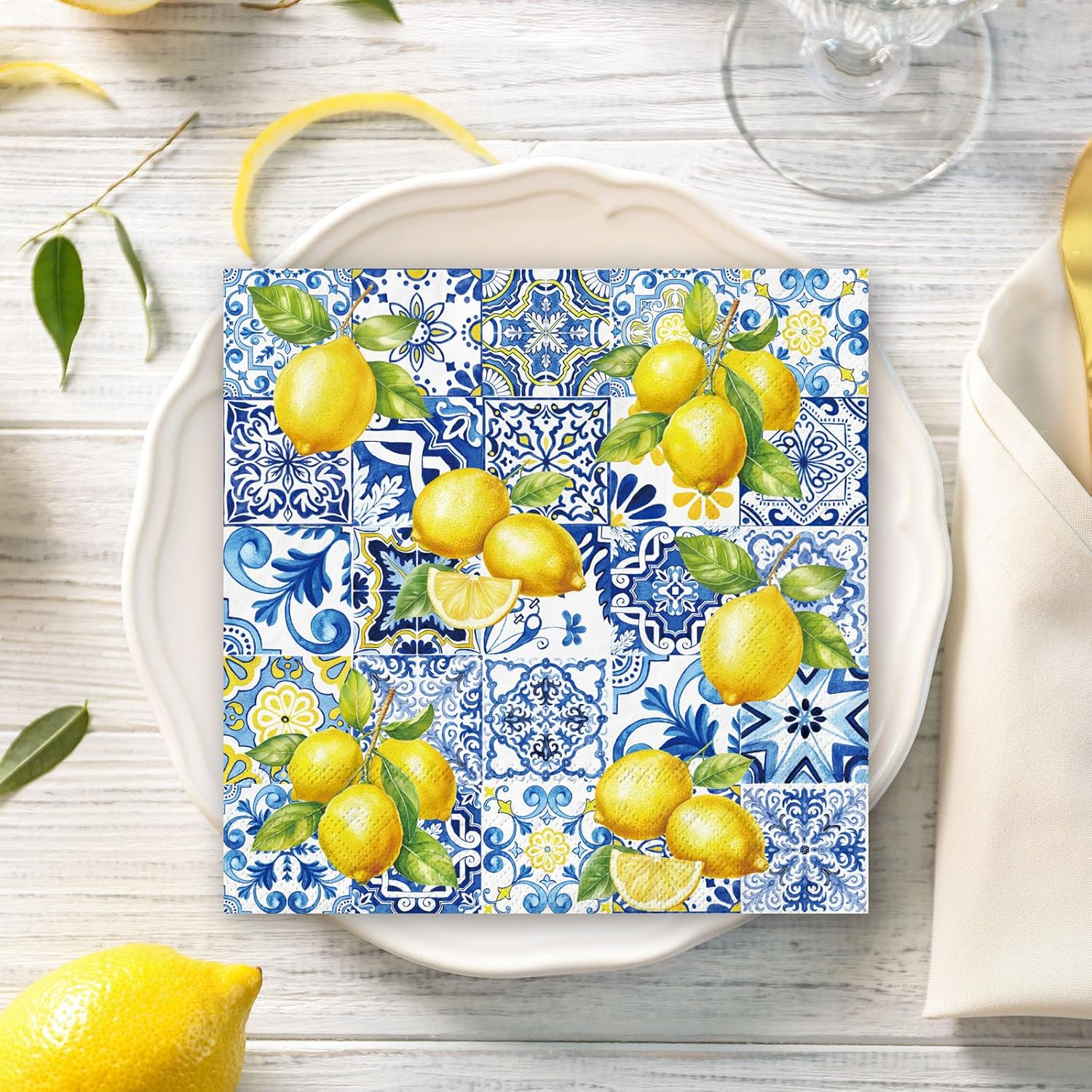 80Pcs Tiles Lemons Paper Napkins Blue Yellow Disposable Napkins Decorative Dinner Napkins Luncheon Napkins for Party Supplies Table Decor image number 1