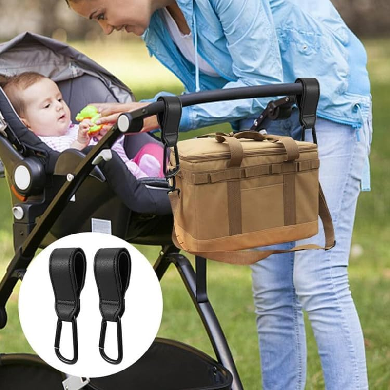 2 Pcs Baby Bag Clips, Leather Buggy Clips Multipurpose Hooks Pram Clips, Pushchair Clips Baby Stroller Hooks with Sturdy Carabiner and Strong Magic Adhesive for Hanging Shopping Handbag Changing Bag image number 3