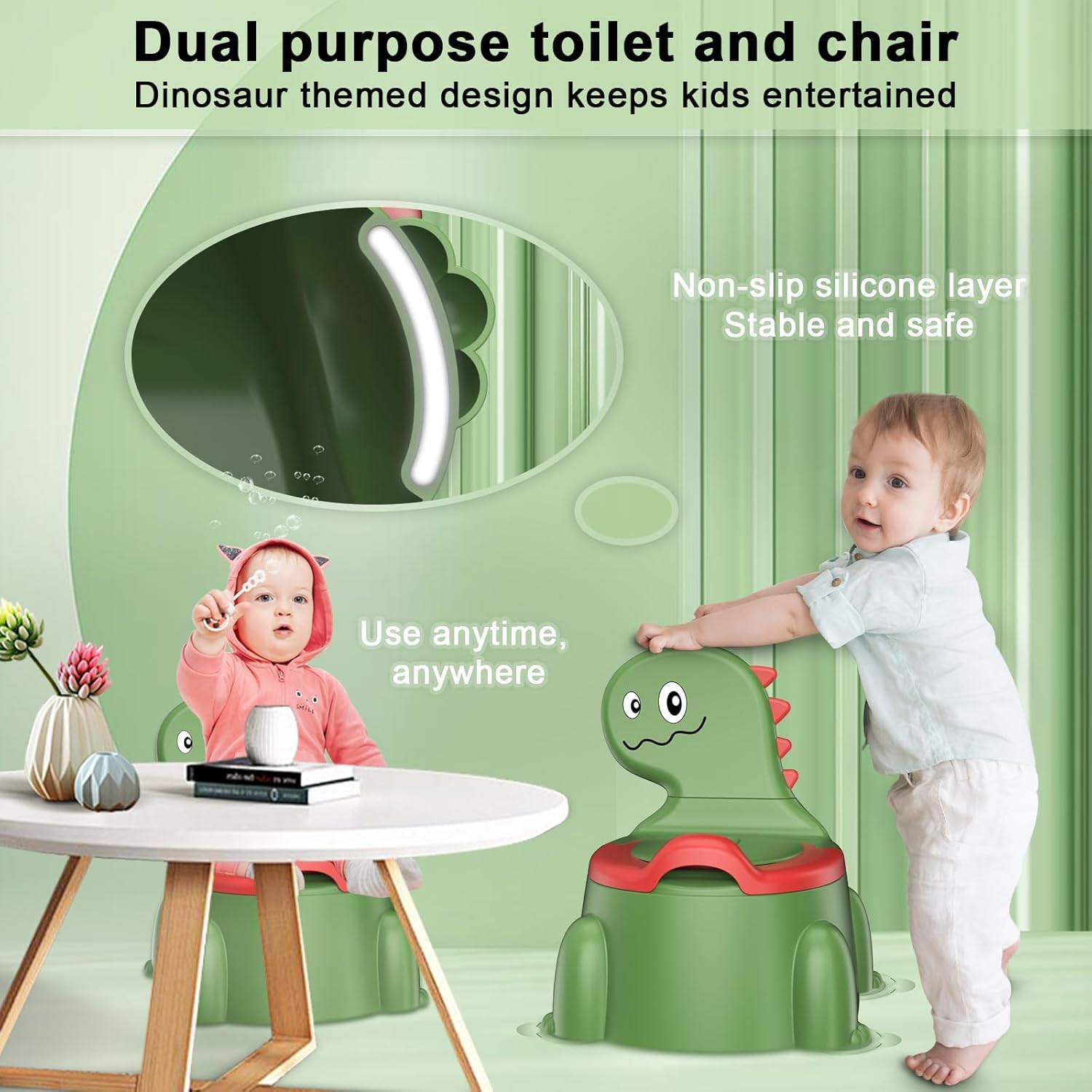 LEFAFA Travel Potty Toilet for Toddler, Dinosaur Design Potty Training Toilet Seat, Portable Toilet with Lid and Non-Slip Rubber Mat Backrest for Boys Girls Kids Toddler Children (Green) - Blue image number 6