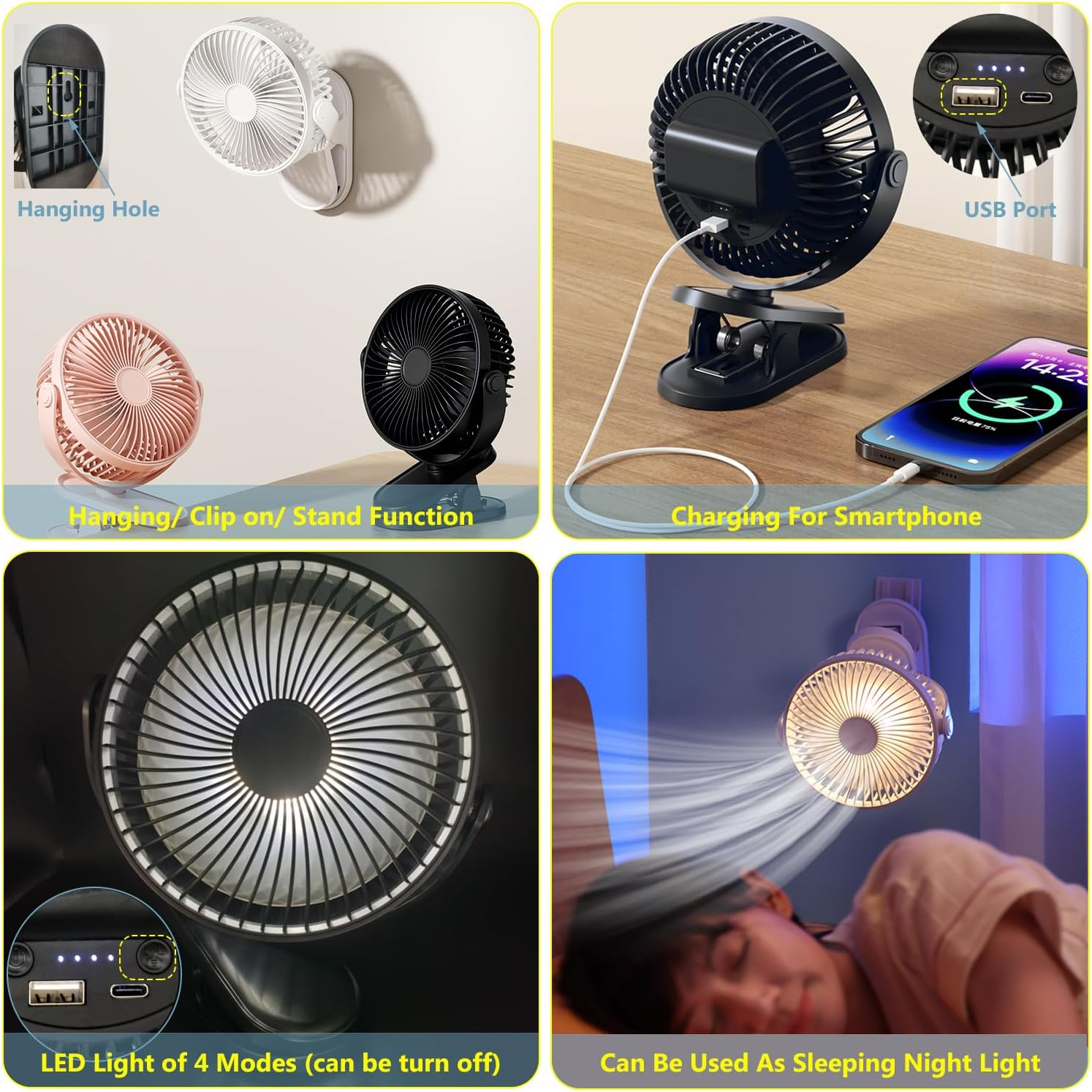 RINGSUN 4800Mah Portable Fan Clip On, Desk Fan Rechargeable with LED Light, USB Battery Operated Table Fan Cooling for Home Office Camping Travel, Black