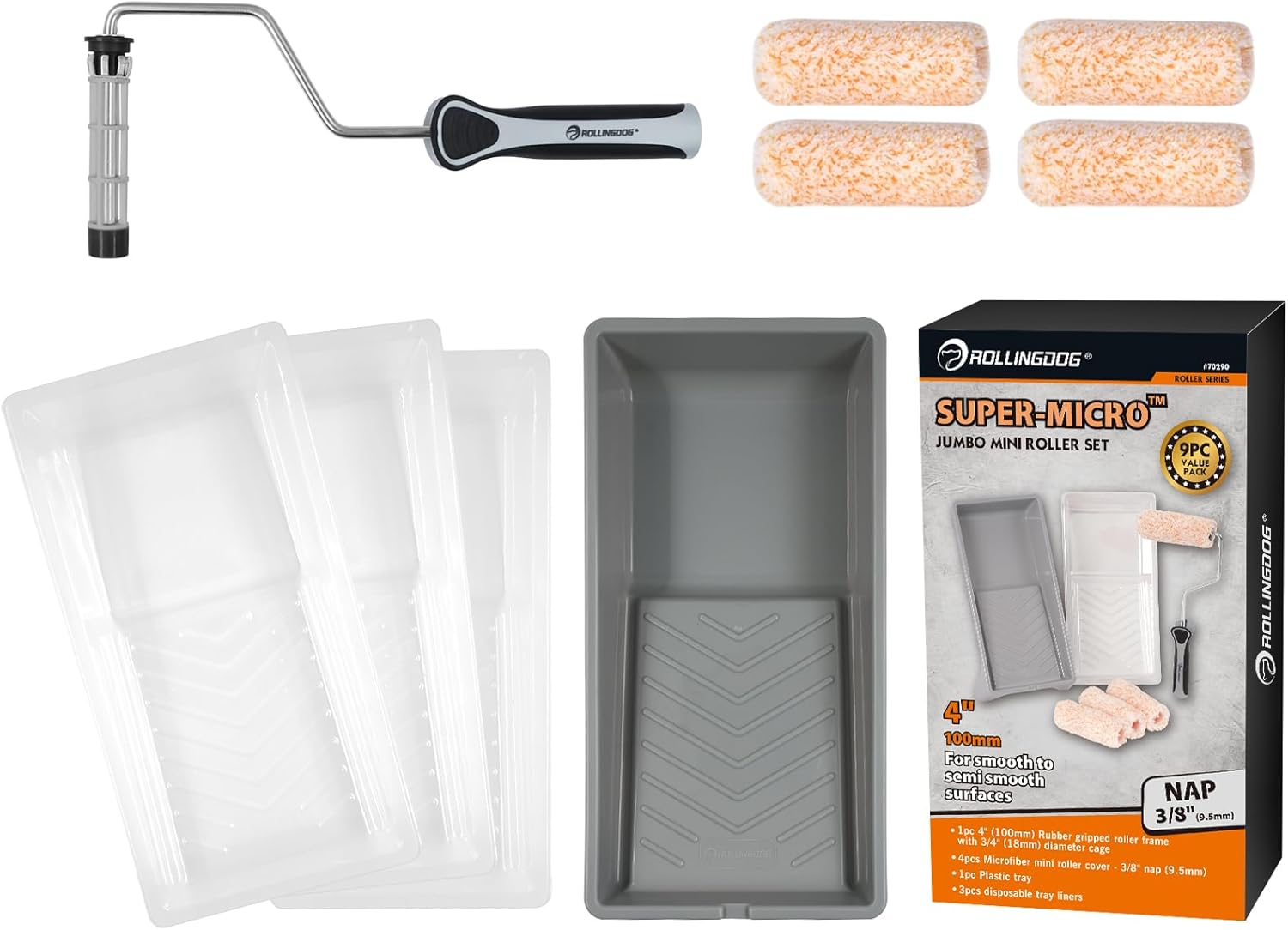 ROLLINGDOG Paint Roller Set - 4 Inch Paint Roller, Microfiber Paint Roller, Small Rollers for Painting, Mini Paint Roller Set Used with All Paints, Pack of 9 image number 2