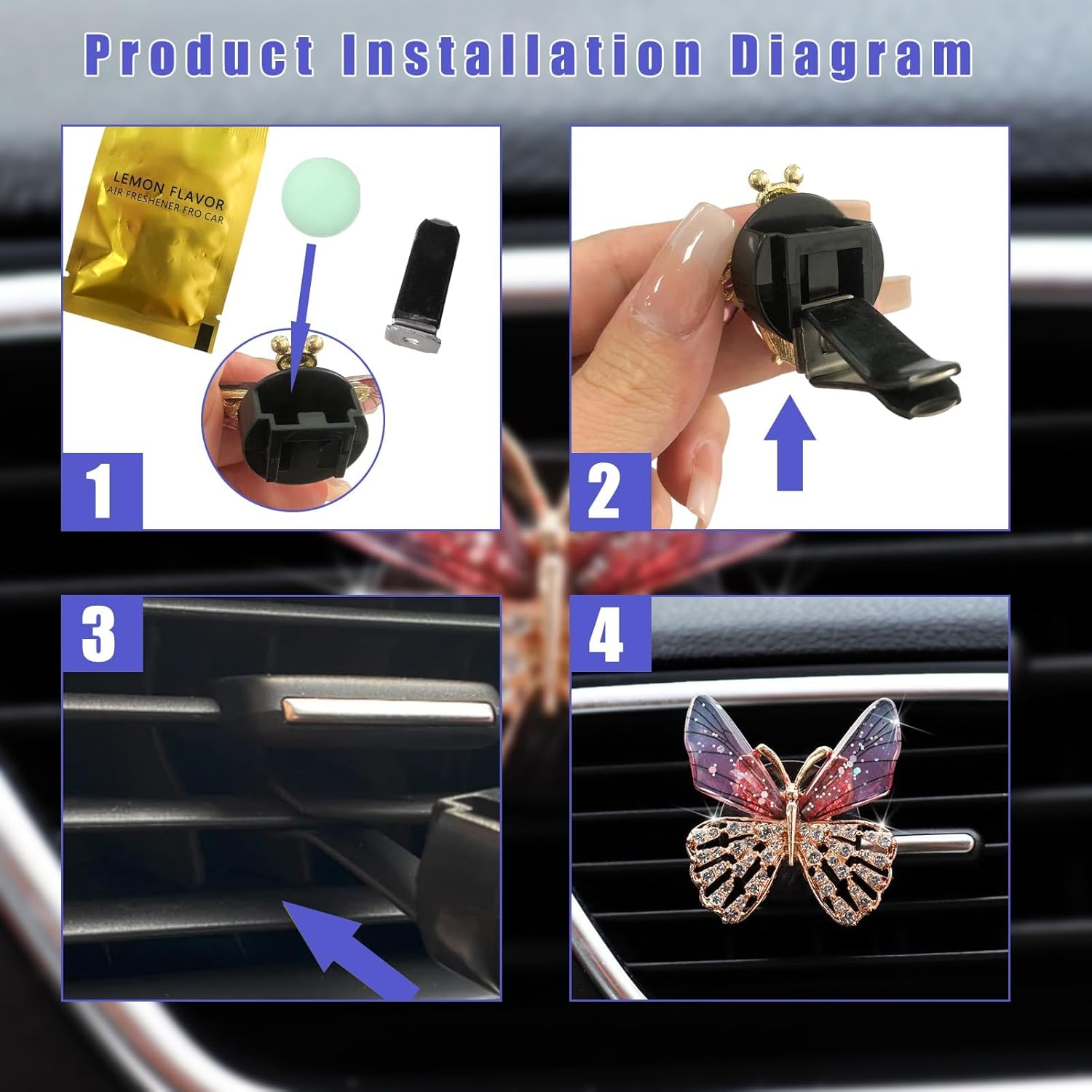 2PCS Bling Butterfly Air Vent Clips, Cute Crystal Car Air Fresheners Vent Clips, Rhinestone Diamond Auto Diffuser Vent Clip for Women Girls, Car Interior Decor Accessories (Rose Red) - Blue image number 4