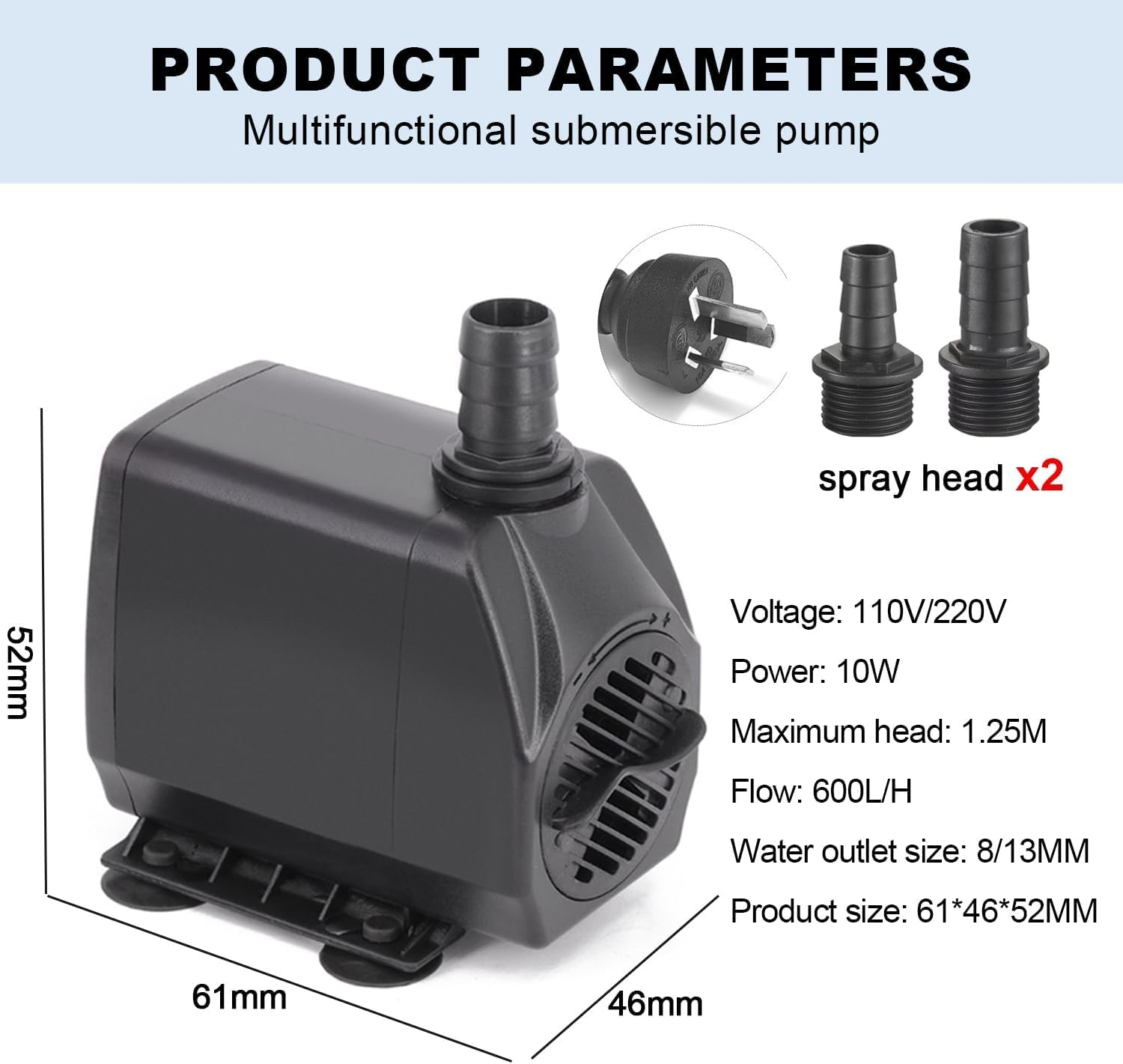 Submersible Pump, 600L/H 10W Quiet Water Pump, Mini Adjustable Water Pump for Gardening, Wigwams, Fish Tanks, Gardens, Fountains, with Two Diameter Nozzles