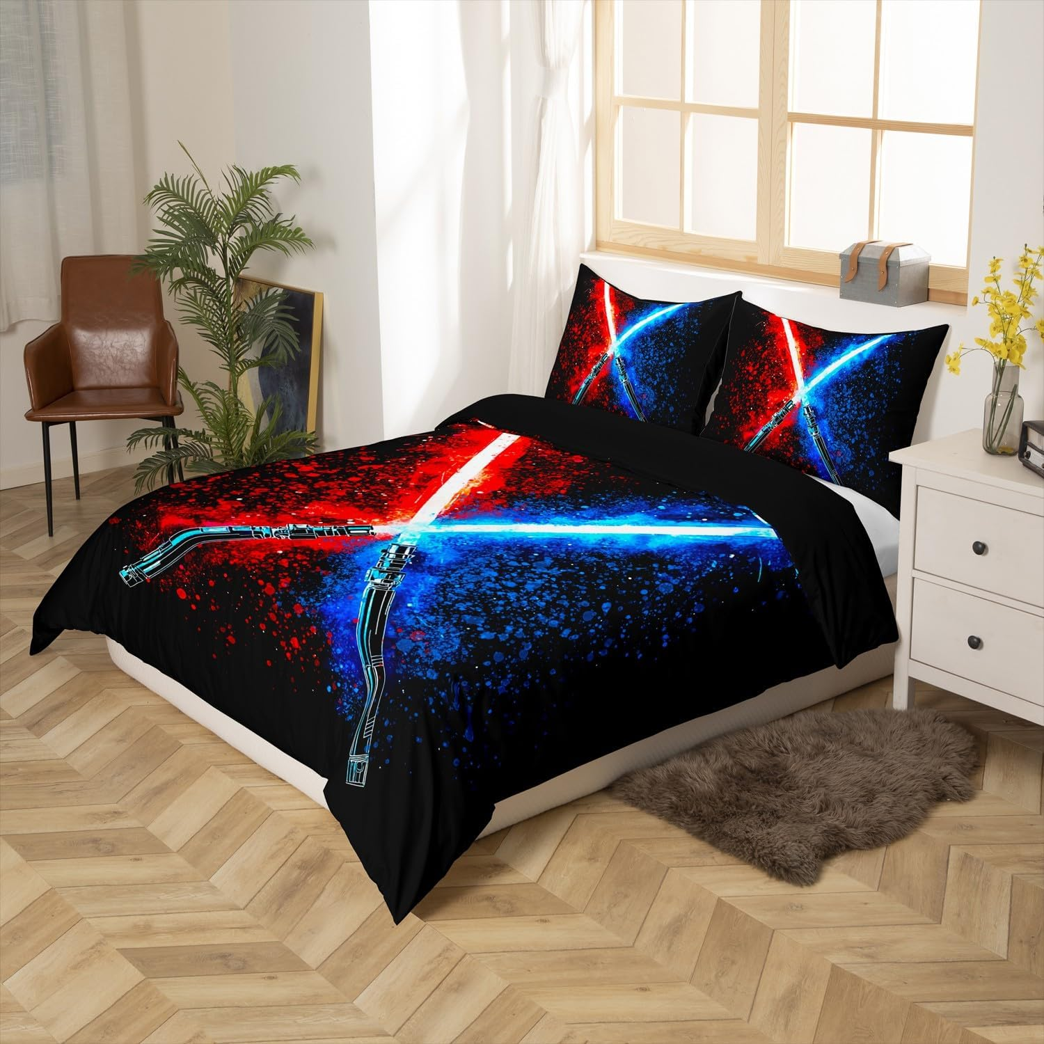 Homewish Lightsaber Bedding Set, Geometric Lines, Gradient Comforter Cover, 135 X 200 Cm, for Children, Boys, Teens, Red, Blue, Neon Flash Duvet Cover, Abstract Ombre, Lightweight Bed Set