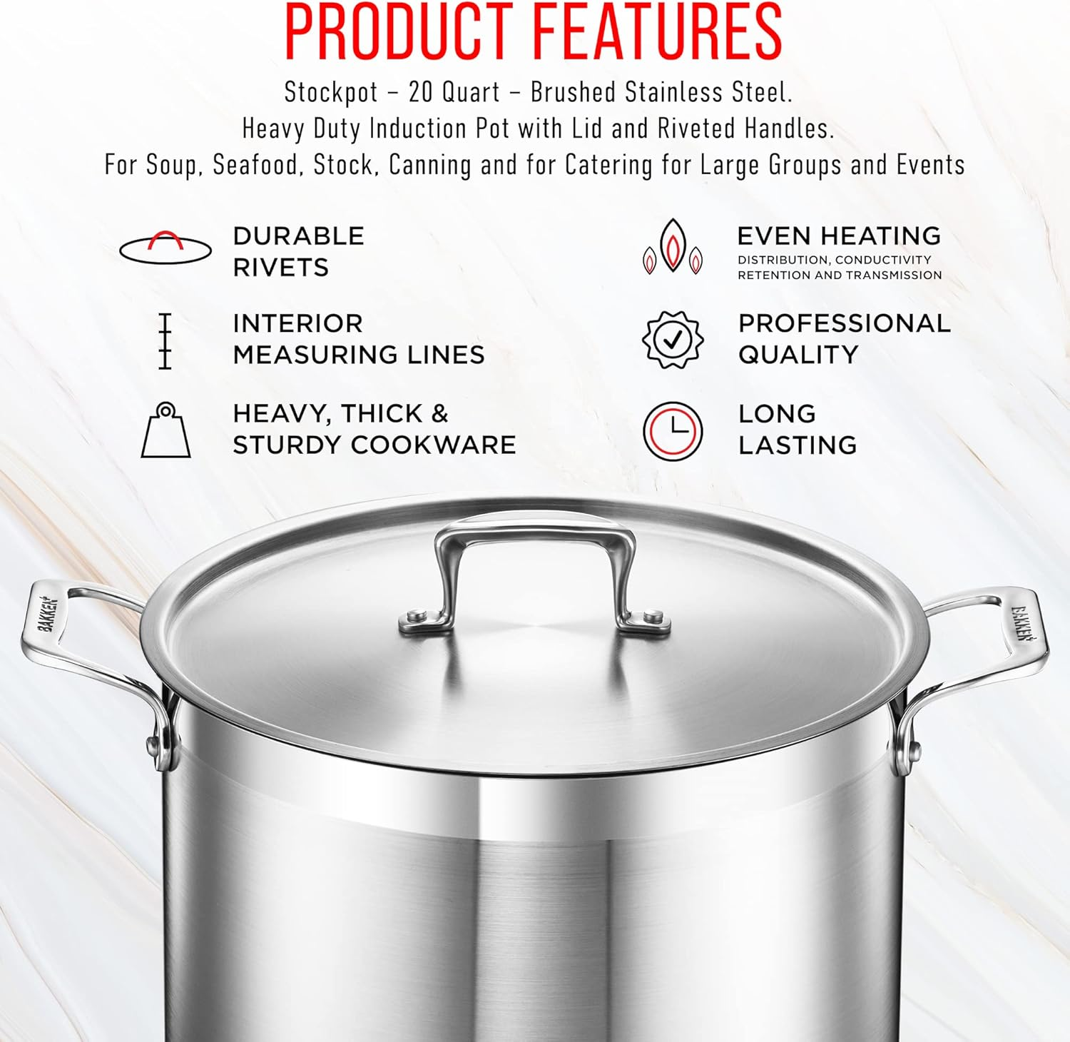 Stockpot &ndash; 20 Quart &ndash; Brushed Stainless Steel &ndash; Heavy Duty Induction Pot with Lid and Riveted Handles &ndash; for Soup, Seafood, Stock, Canning and for Catering for Large Groups and Events by BAKKEN image number 5