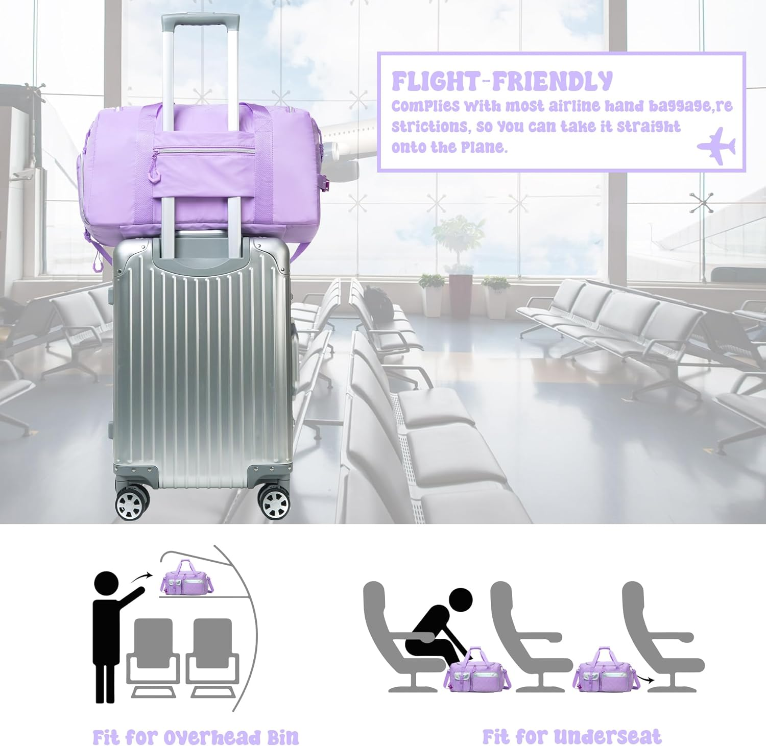 Rolling Duffle Bag with Wheels Women Travel Bag with Wheels Weekender Bags for Women with Toiletry Bag, Purple - Off White image number 7