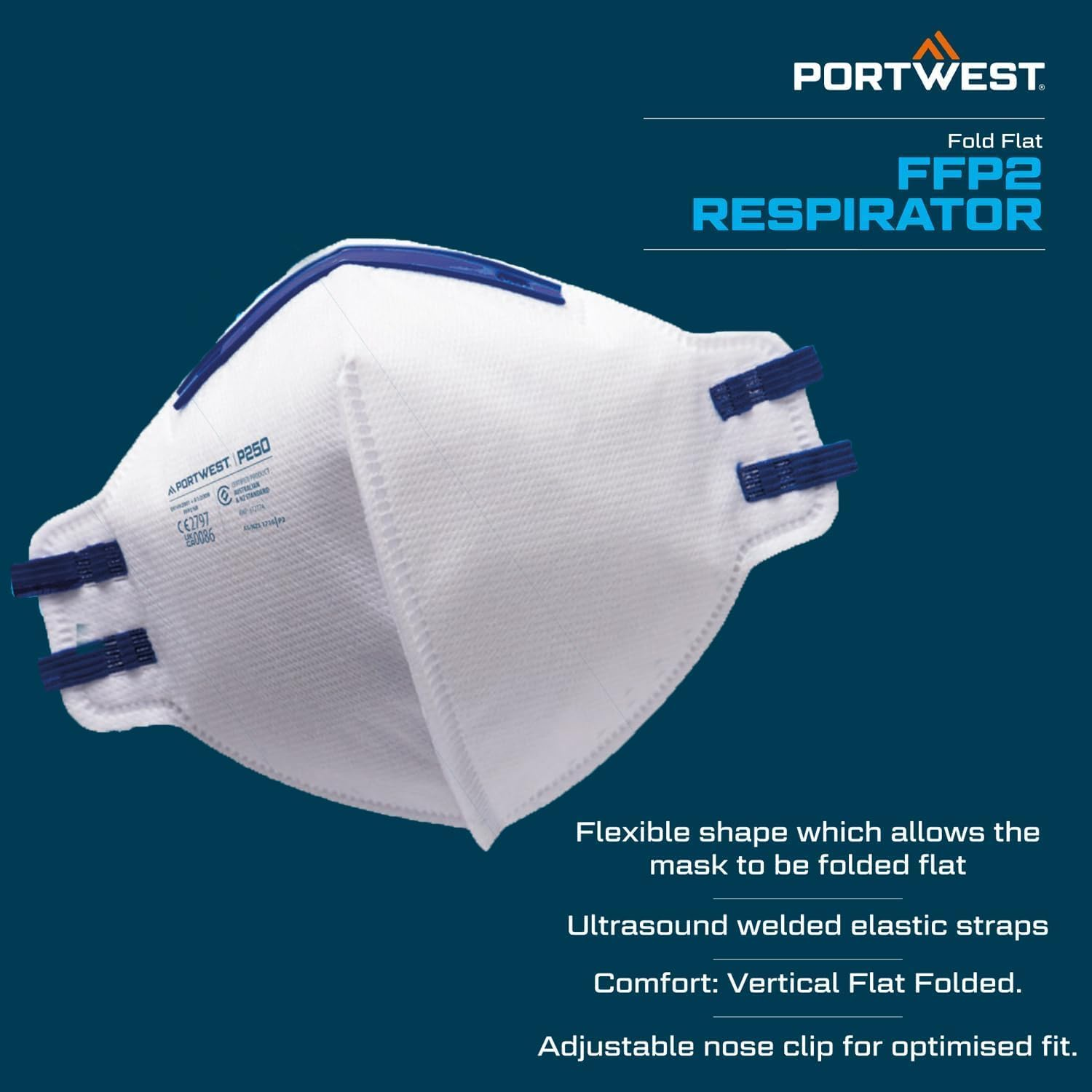 Portwest P250 Disposable FFP2 Fold Flat Respirator Face Mask (Pack of 20) White
