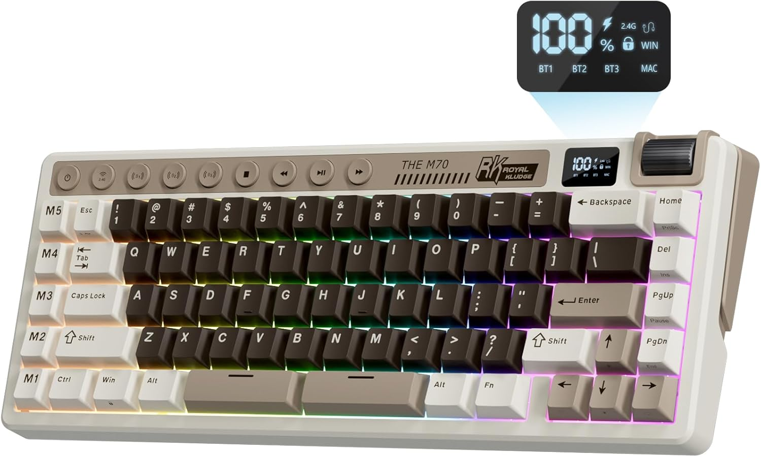RK ROYAL KLUDGE M70 Mechanical Keyboard 2.4Ghz/Bt5.1/Wired 70 Keys Wireless Gaming Keyboard Gasket Mounted ABS Keycaps Cream Switch Brown image number 6