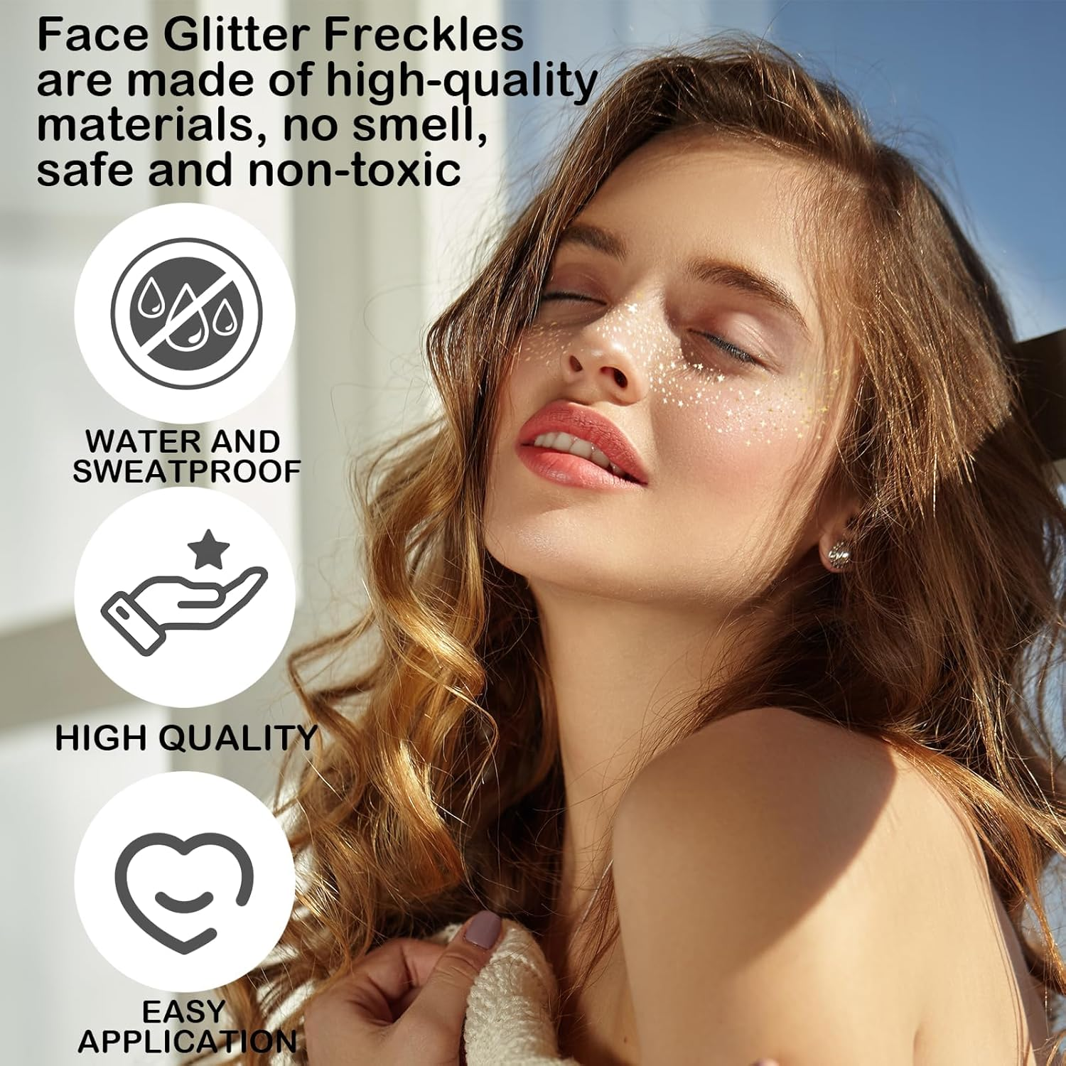 Yamobi Pack of 6 Glitter Freckles Tattoos, Water and Sweat-Resistant, Golden Self-Adhesive Glitter Stones for Face, Ideal for Parties and Events image number 5